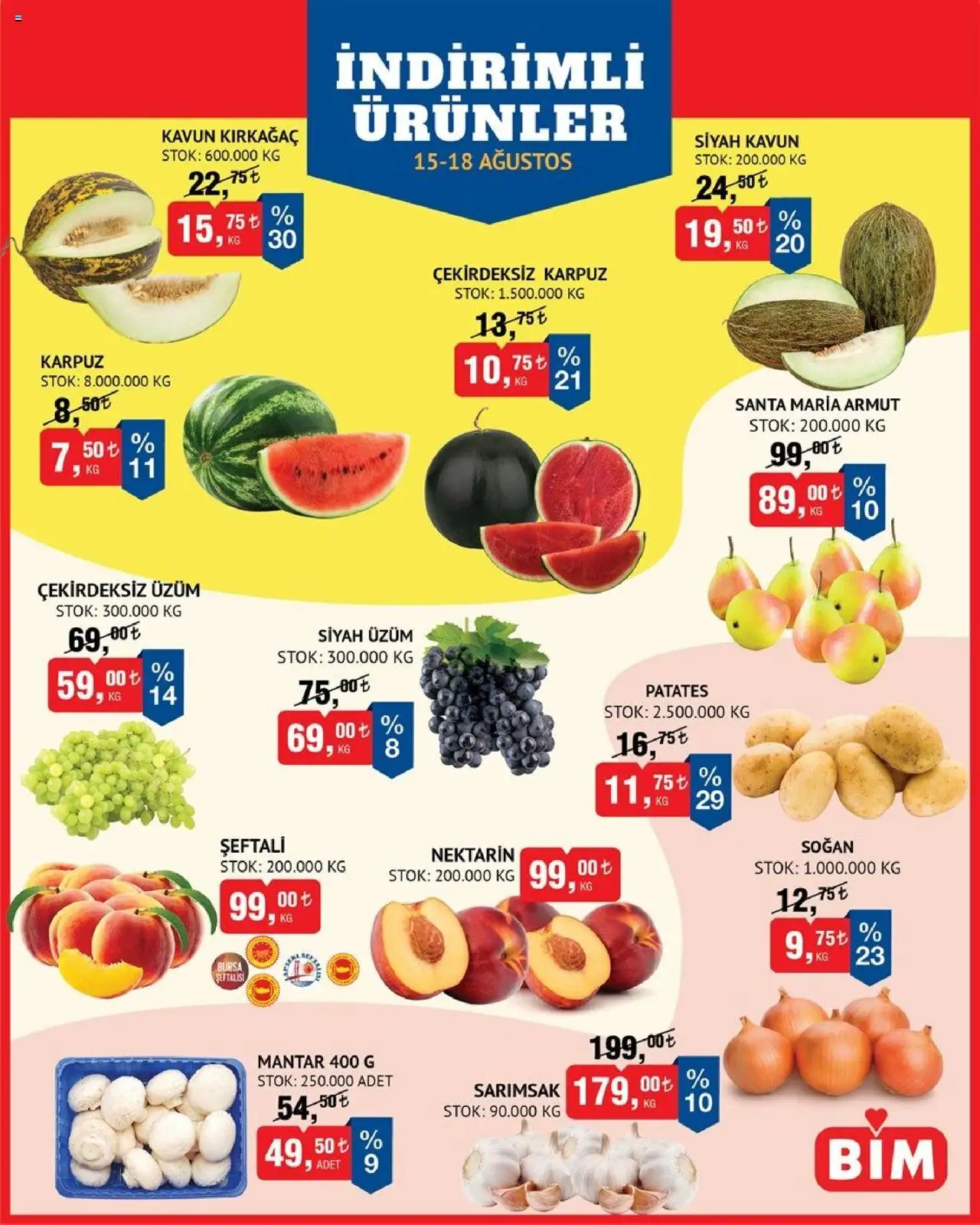 BİM - 15-18 Ağustos Meyve Sebze, Meyve Sebze - 15.08.2025 tarihinden itibaren geçerlidir | Sayfa: 1 | Ürünler: Patates, Şeftali, Armut, Kavun