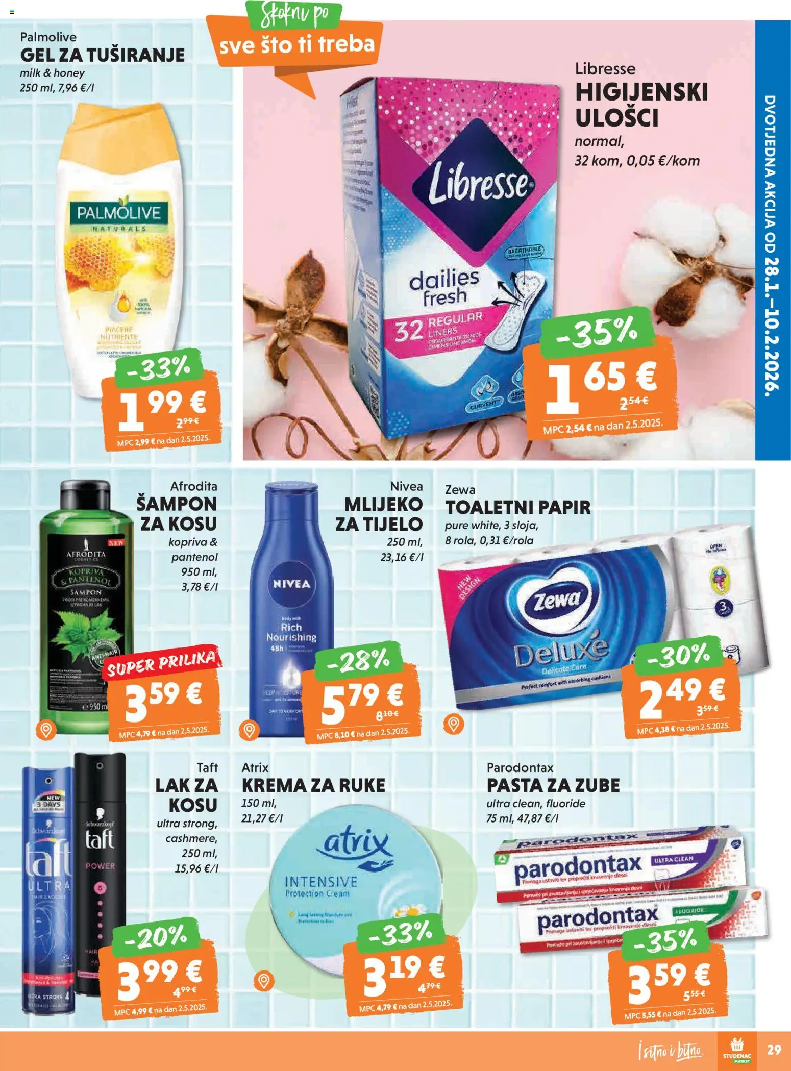 Studenac katalog | vrijedi od 28.01.2026 | Stranica: 29 | Proizvodi: Šampon, Pasta za zube, Toaletni papir, Zewa