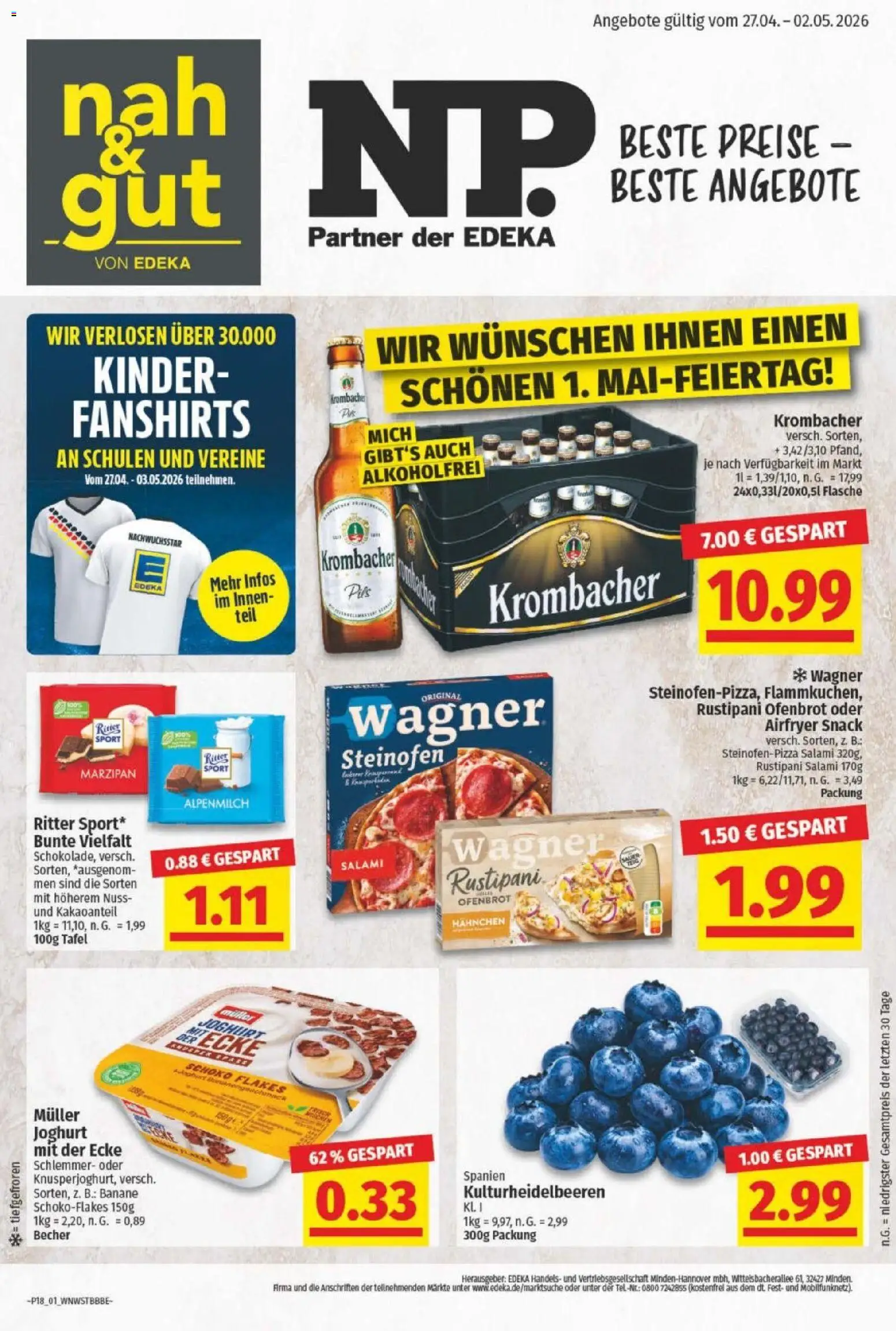 NP Discount Prospekt – gültig ab 27.04.2026 | Seite: 1 | Produkte: Joghurt, Pils, Krombacher, Salami