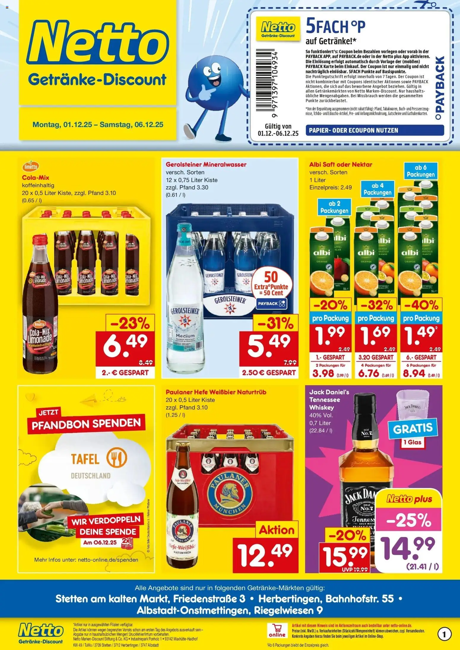 Netto Marken-Discount prospekt Albstadt-Onstmettingen	 – gültig ab 01.12.2025 | Seite: 1 | Produkte: Limonade, Mineralwasser, Whiskey, Paulaner