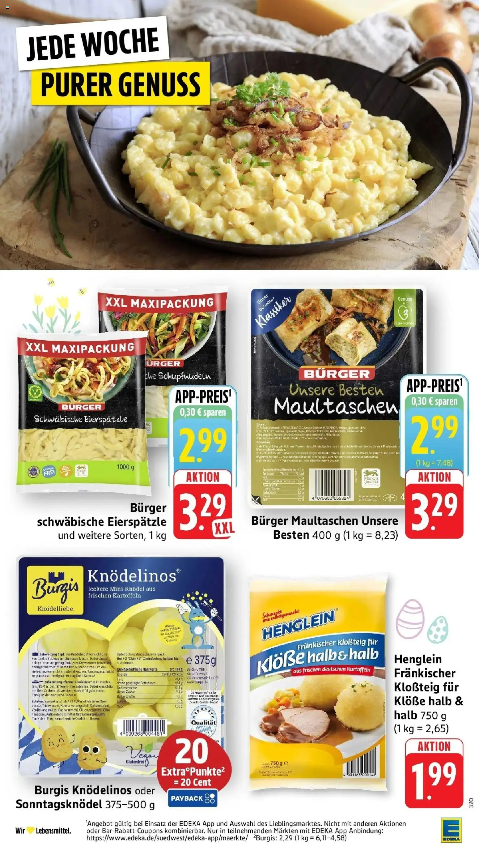 Edeka prospekt Weinheim	 – gültig ab 29.03.2026 | Seite: 22 | Produkte: Burger, Kartoffeln, Zucker, Pasta
