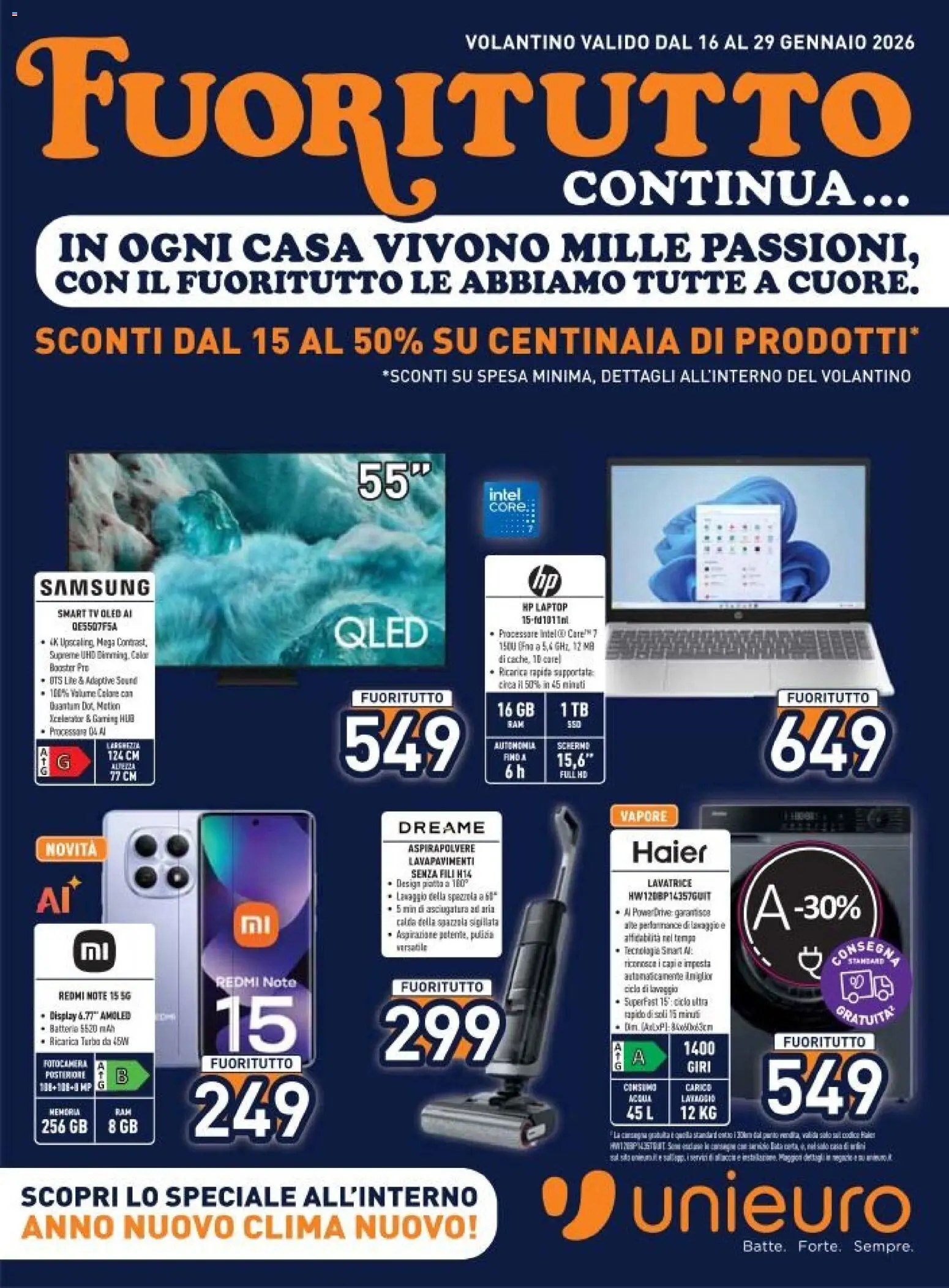 Volantino Unieuro del 16.01.2026 | Pagina: 1 | Prodotti: Spazzola, smart TV, Piatto, Aspirapolvere