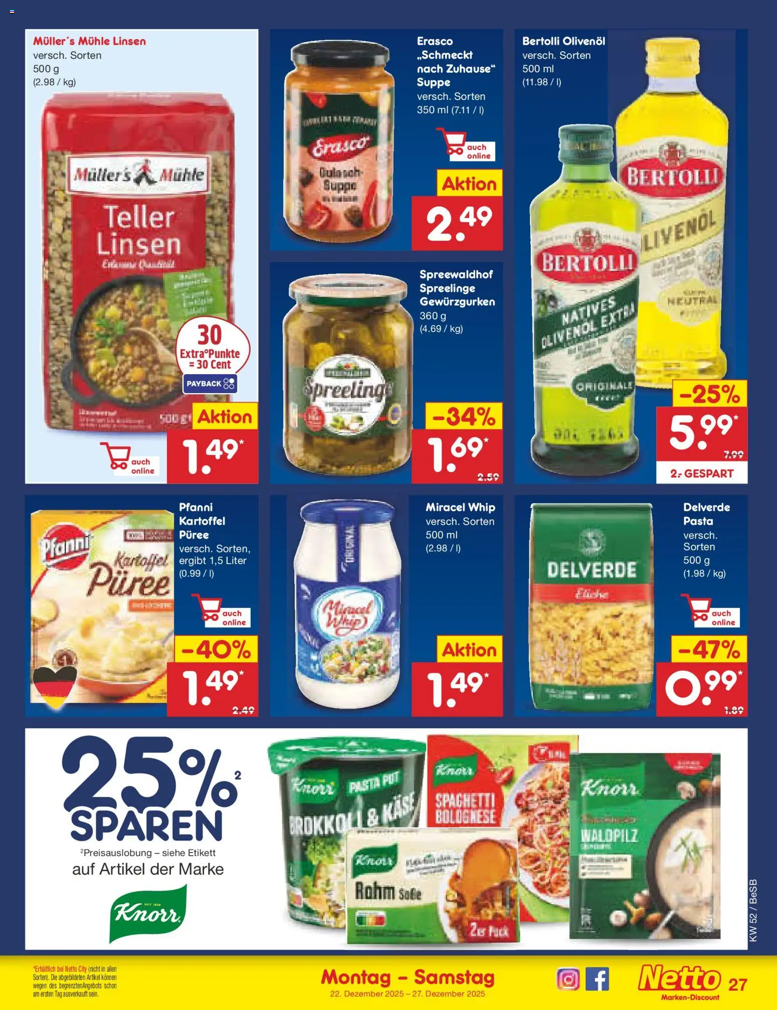 Netto Marken-Discount Prospekt 	 – gültig ab 22.12.2025 | Seite: 27 | Produkte: Käse, Olivenol, Gulasch, Pasta