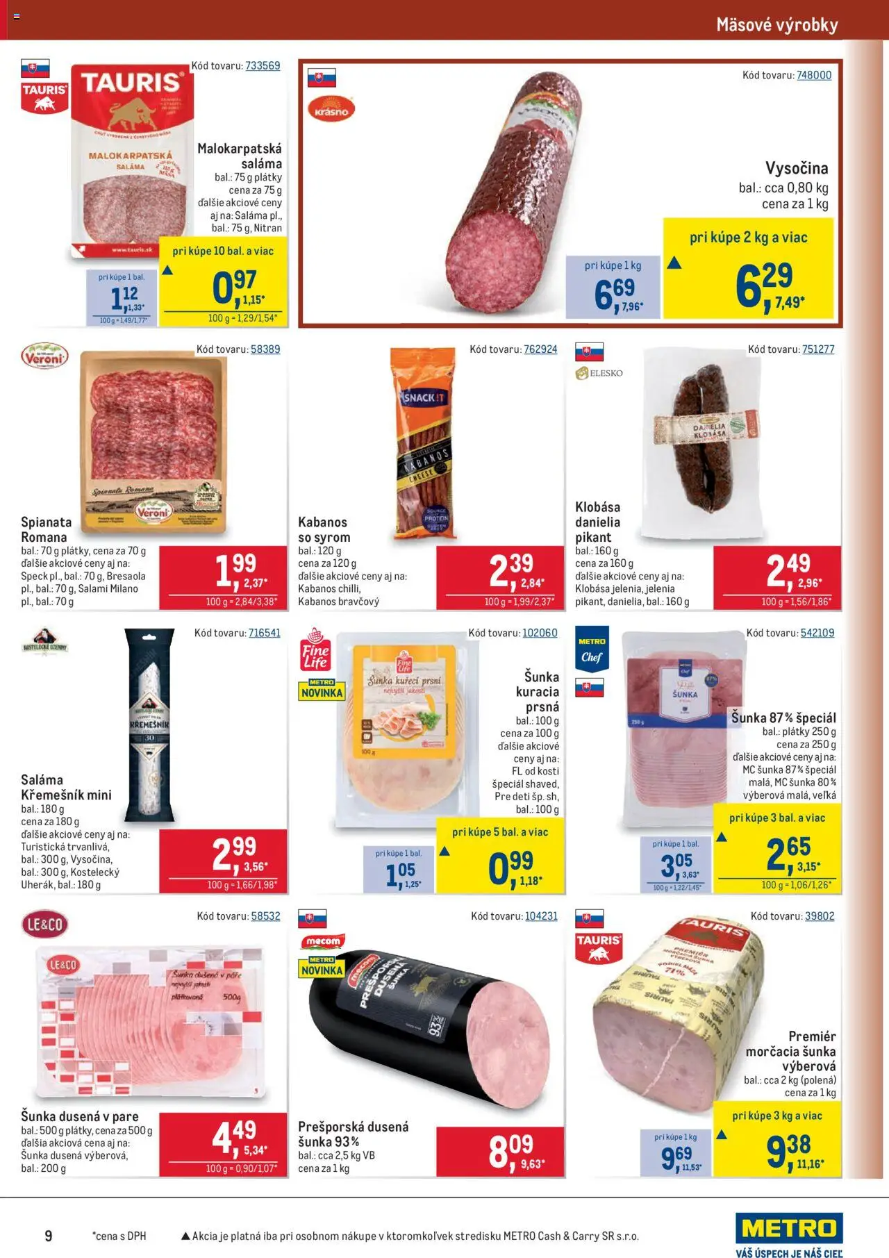 Nové Metro akcie – leták je platný od 08.10.2025 | Strana: 9 | Produkty: Saláma, Šunka, Klobása, Protein