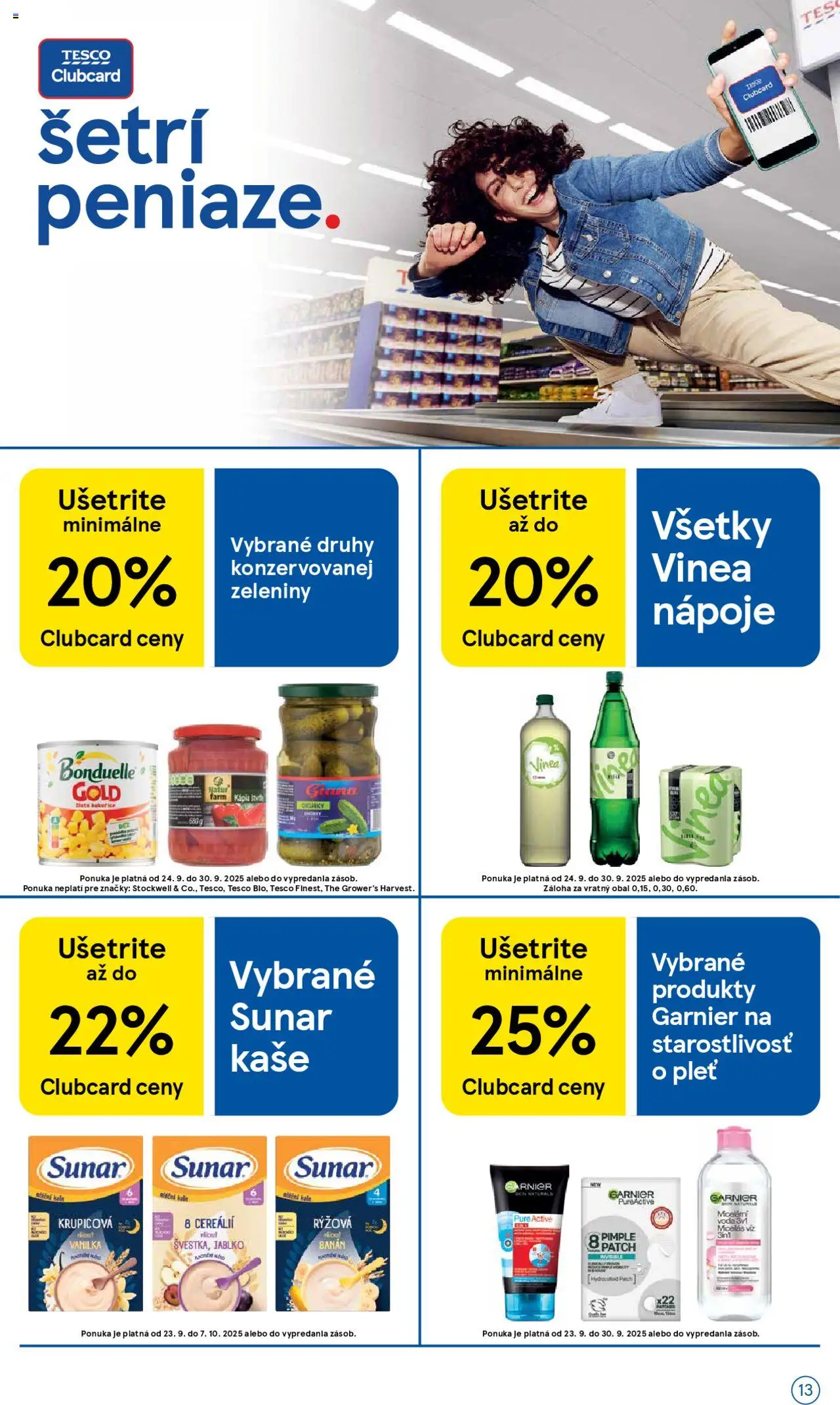 Nové Tesco akcie – leták je platný od 24.09.2025 | Strana: 13 | Produkty: Sunar, Voda, Kápia, Vinea