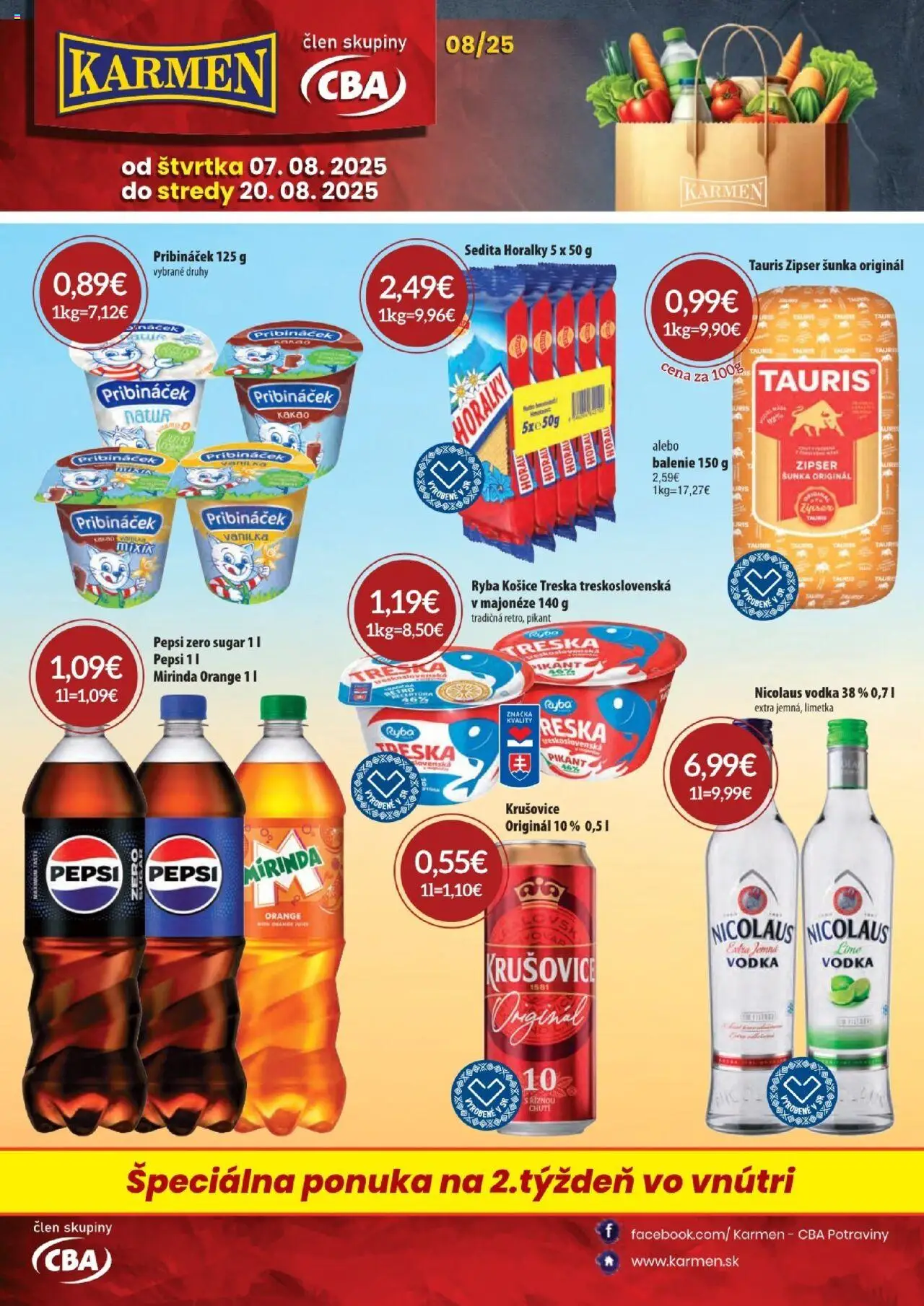 KARMEN CBA maloobchod │ platný od 07.08.2025 | Strana: 1 | Produkty: Krušovice, Ryba, Mirinda, Nicolaus vodka