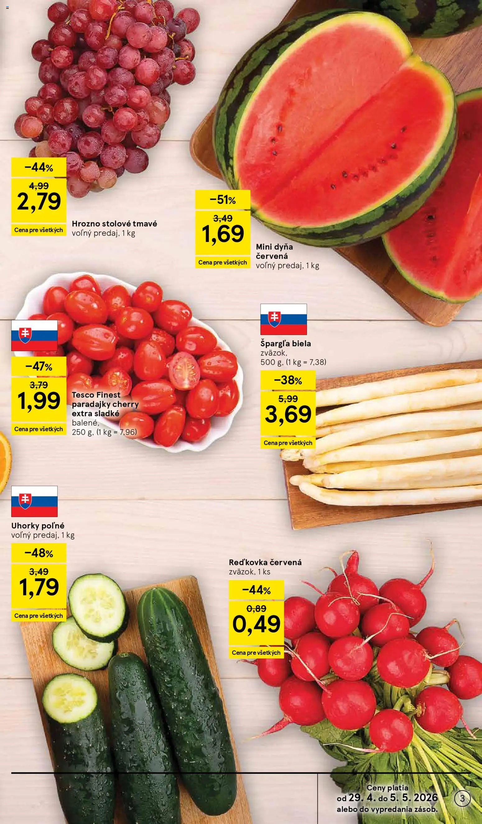 Nové Tesco akcie – leták je platný od 29.04.2026 | Strana: 3 | Produkty: Paradajky, Špargľa, Uhorky, Hrozno