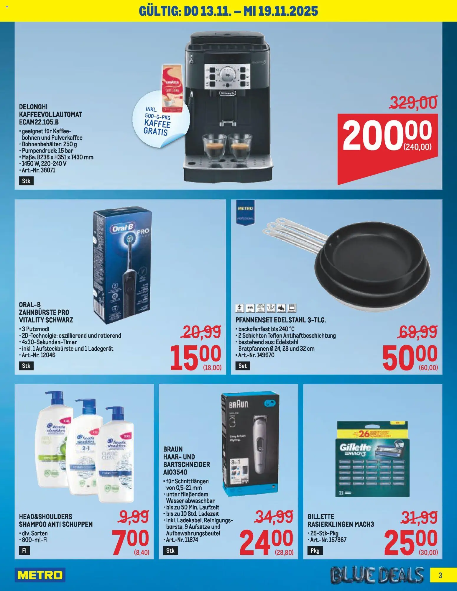 Metro Blue Deals gültig ab 13.11.2025 | Seite: 3 | Produkte: Wasser, Shampoo, Kaffee, Zahnbürste