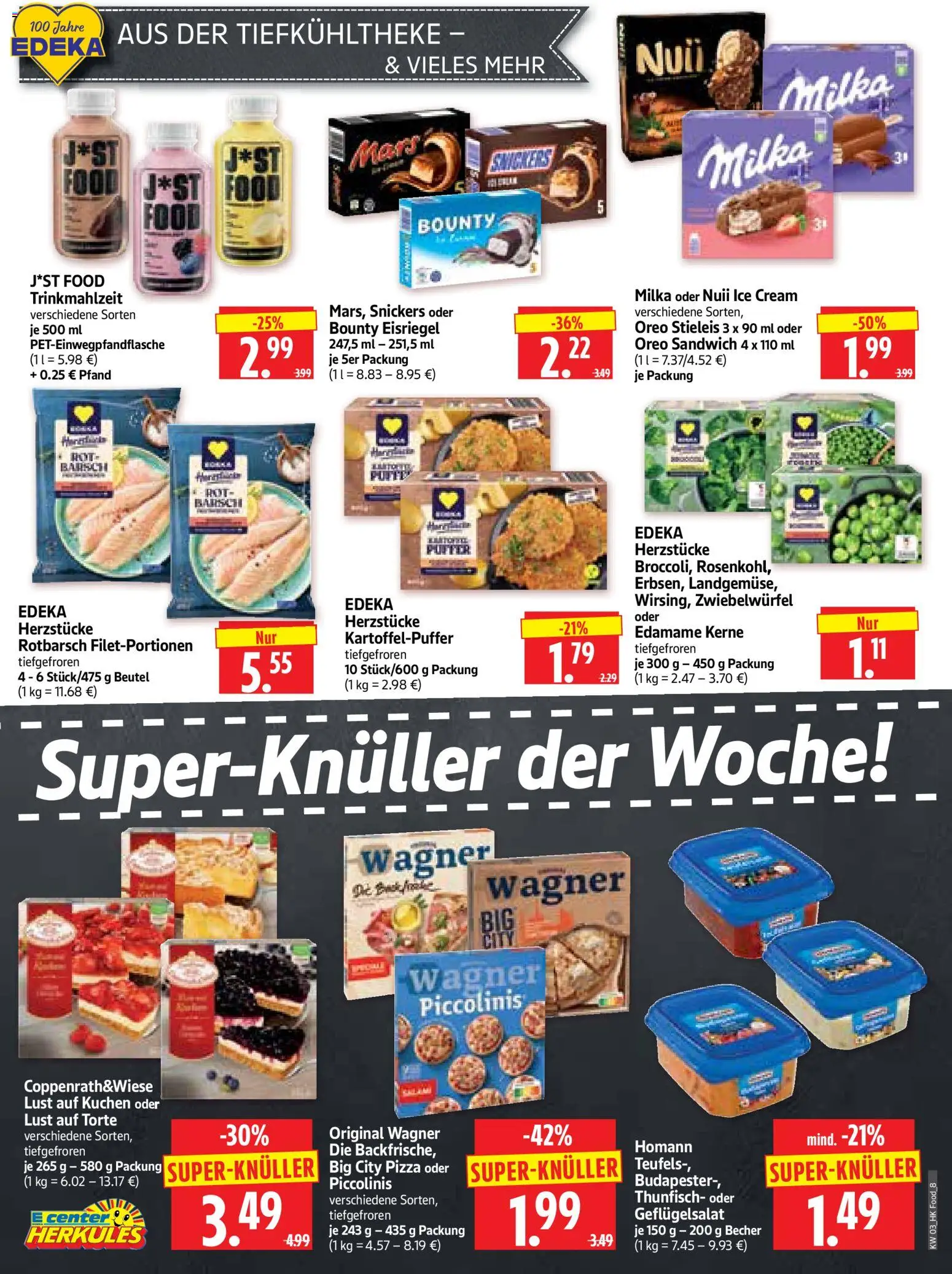 HERKULES Prospekt 	 – gültig ab 12.01.2026 | Seite: 8 | Produkte: Milka, Snickers, Pizza, Kuchen