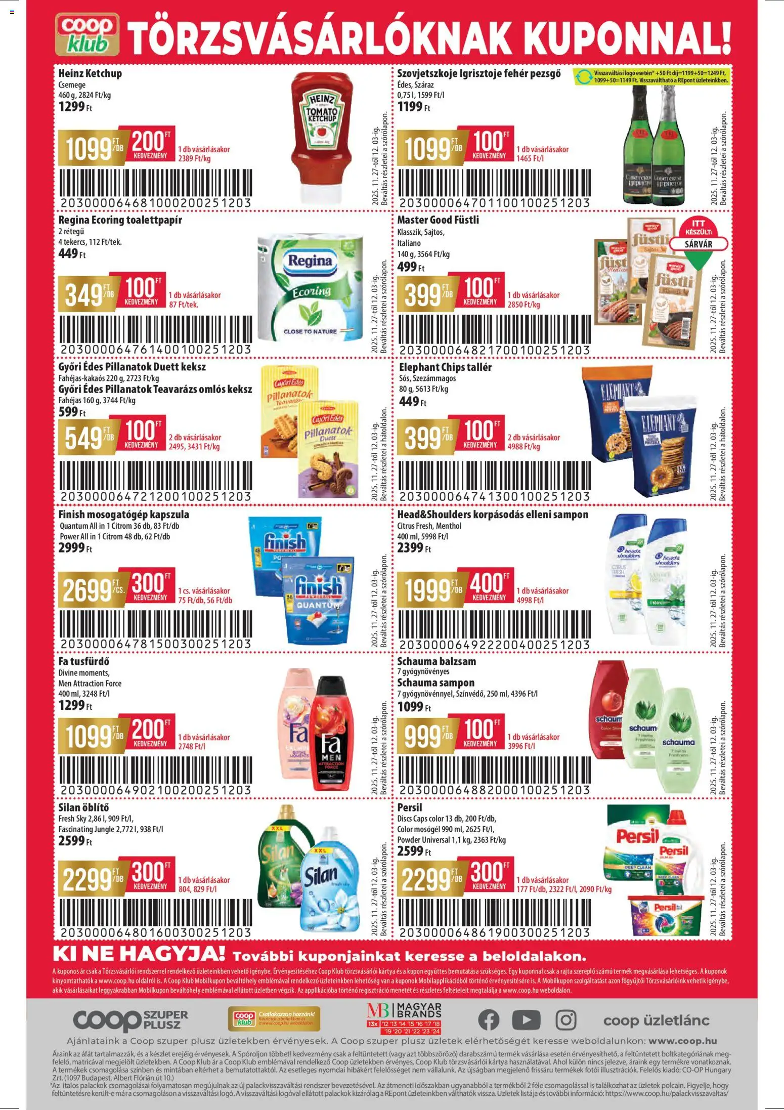 COOP akciós ujság - amely érvényes a következő dátumtól: 27.11.2025 | Oldal: 12 | Termékek: Chips, Mosógél, Öblítő, Sampon