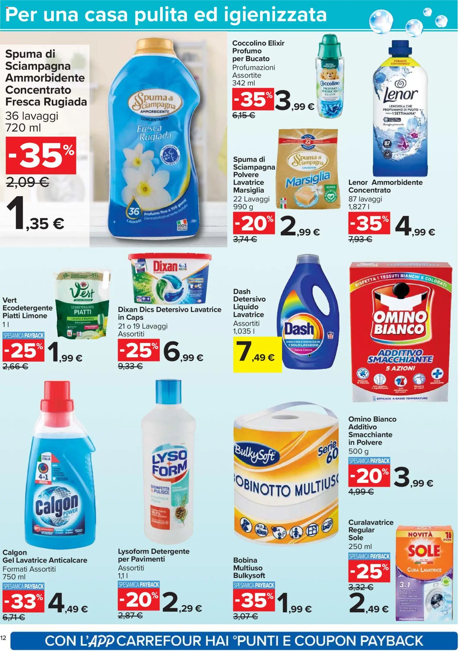 Volantino Carrefour del 07.04.2026 | Pagina: 12 | Prodotti: Detergente, Anticalcare, Lenzuola, Profumo
