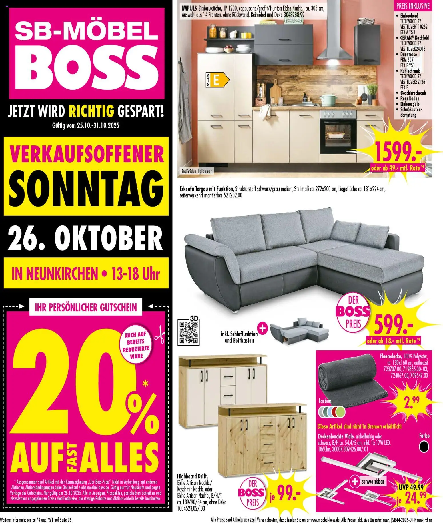SB Möbel Boss Prospekt - Neunkirchen 	 – gültig ab 25.10.2025 | Seite: 1 | Produkte: Ecksofa, Kühlschrank, Kochfeld, Uhr
