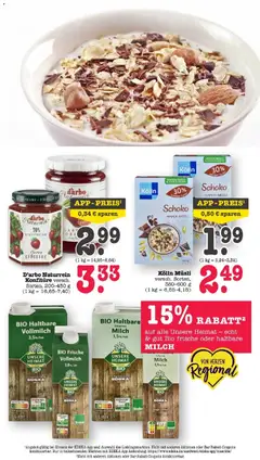 BIO Haltbare fettarme Milch 1,5% Fett, BIO Haltbare fettarme Milch 1,5% Fett ab 20.04.2026 gültig | Seite: 31 | Produkte: Musli, Milch, Haltbare milch, Zucker