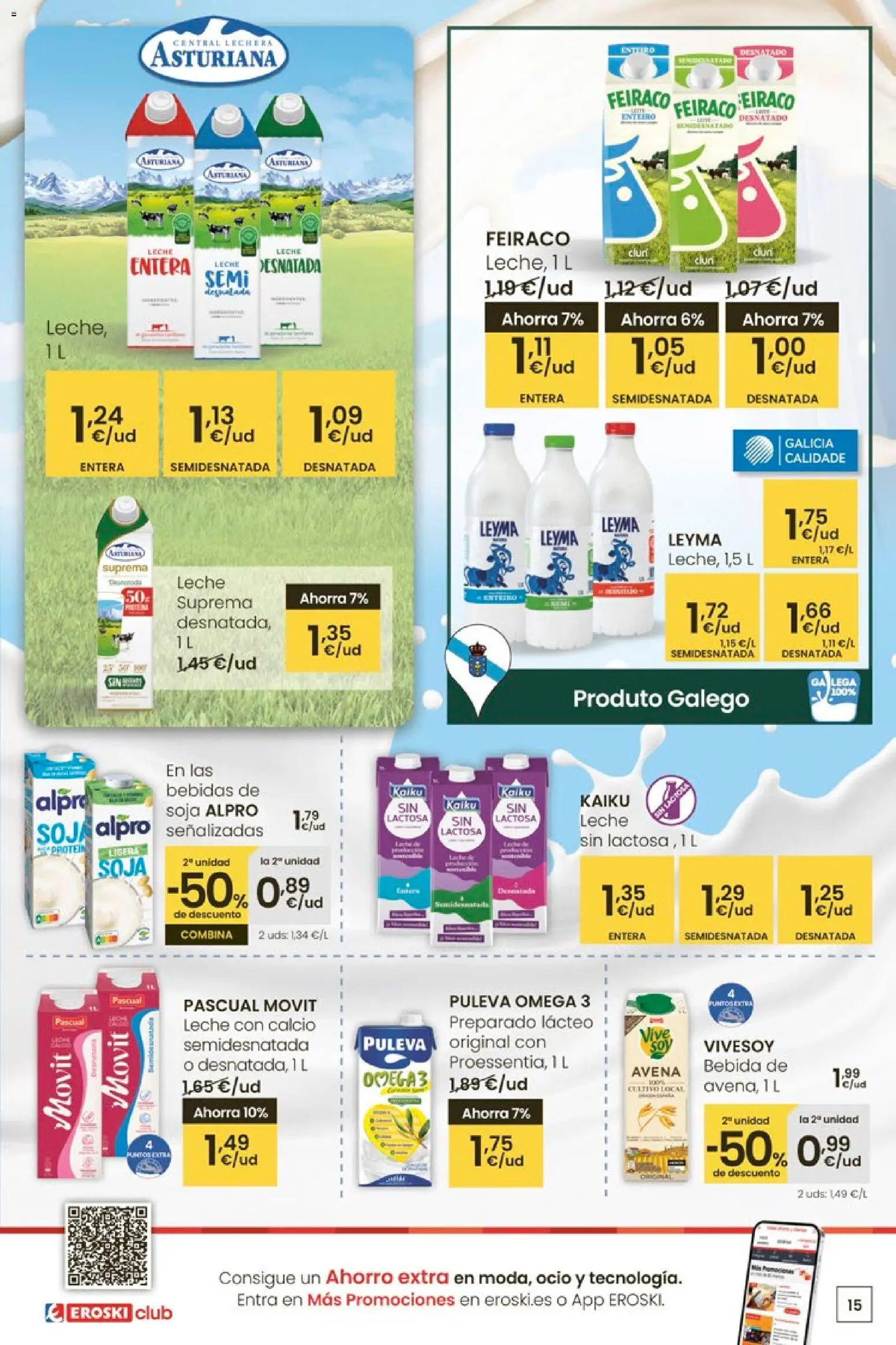 Eroski - Para un xaneiro máis lixeiro │ válido desde el 05.01.2026 | Página: 15 | Productos: Leche desnatada, Leche entera, Δοχείο φοντί, Leche