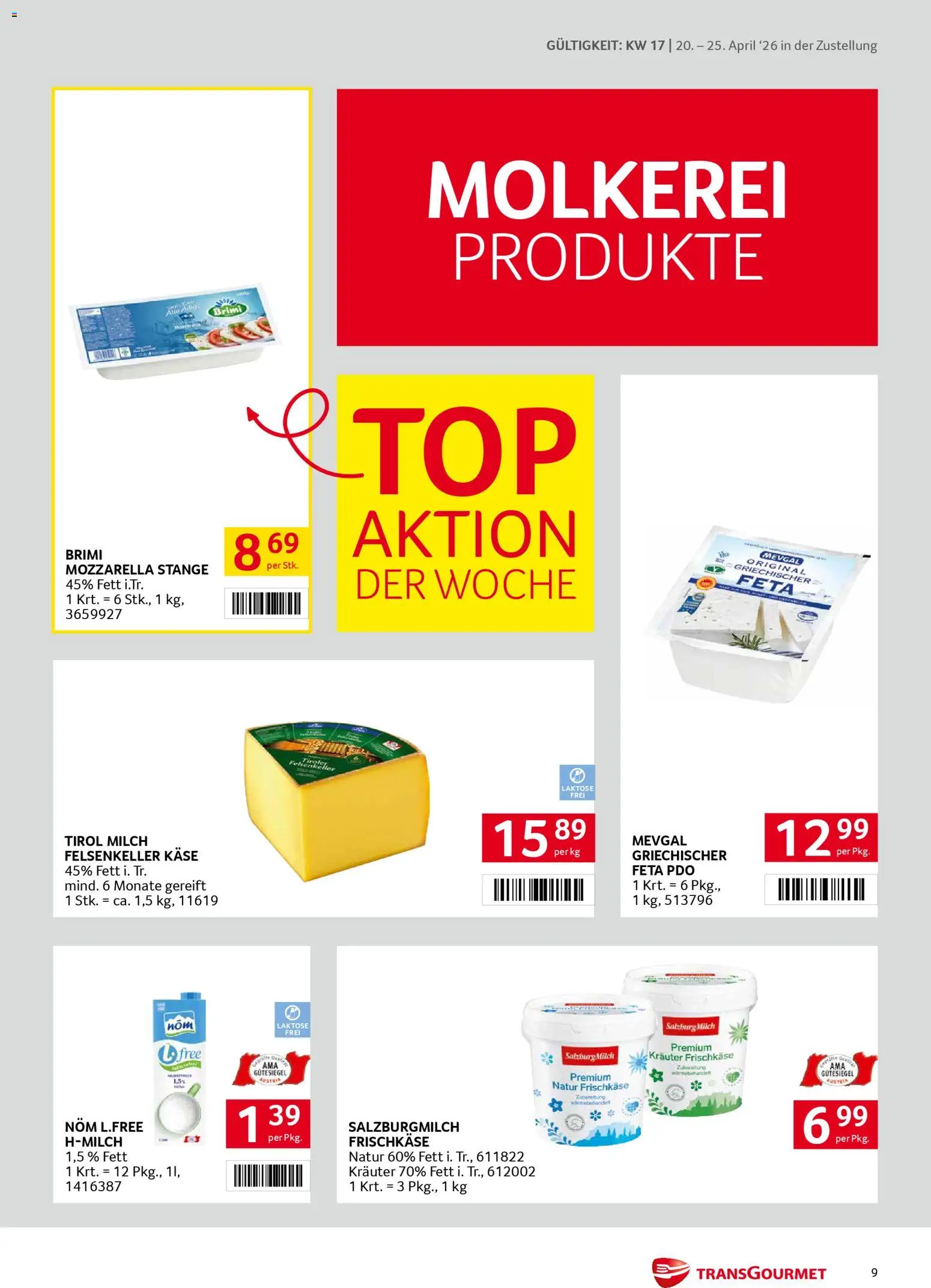 Transgourmet Zustellaktion gültig ab 20.04.2026 | Seite: 9 | Produkte: Milch, Käse