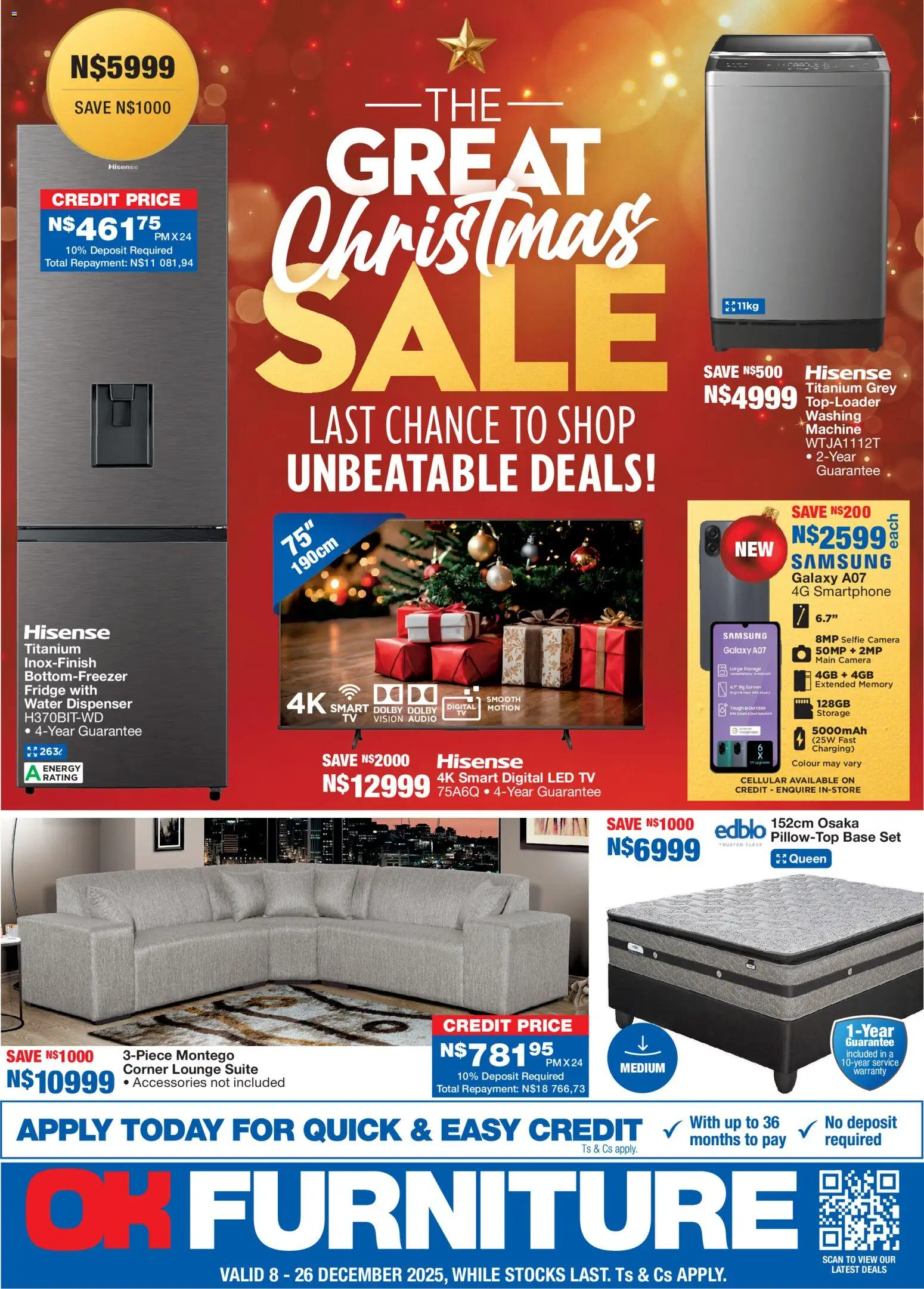 New OK Furniture catalogue – valid from 08.12.2025 | Page: 1 | Products: Camera, Washing machine, Fridge, Water