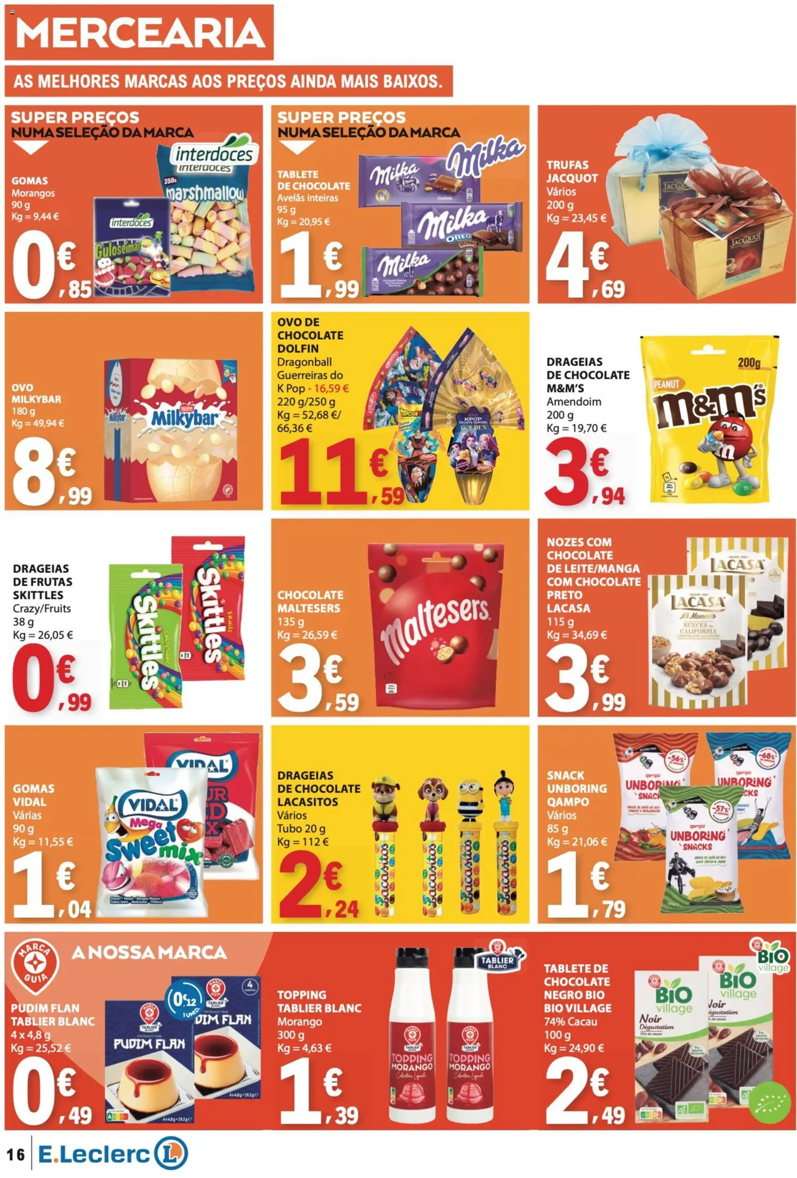 E.Leclerc folheto │ válido de 19.03.2026 | Página: 16 | Produtos: Pudim, Chocolate, Gomas, Nozes