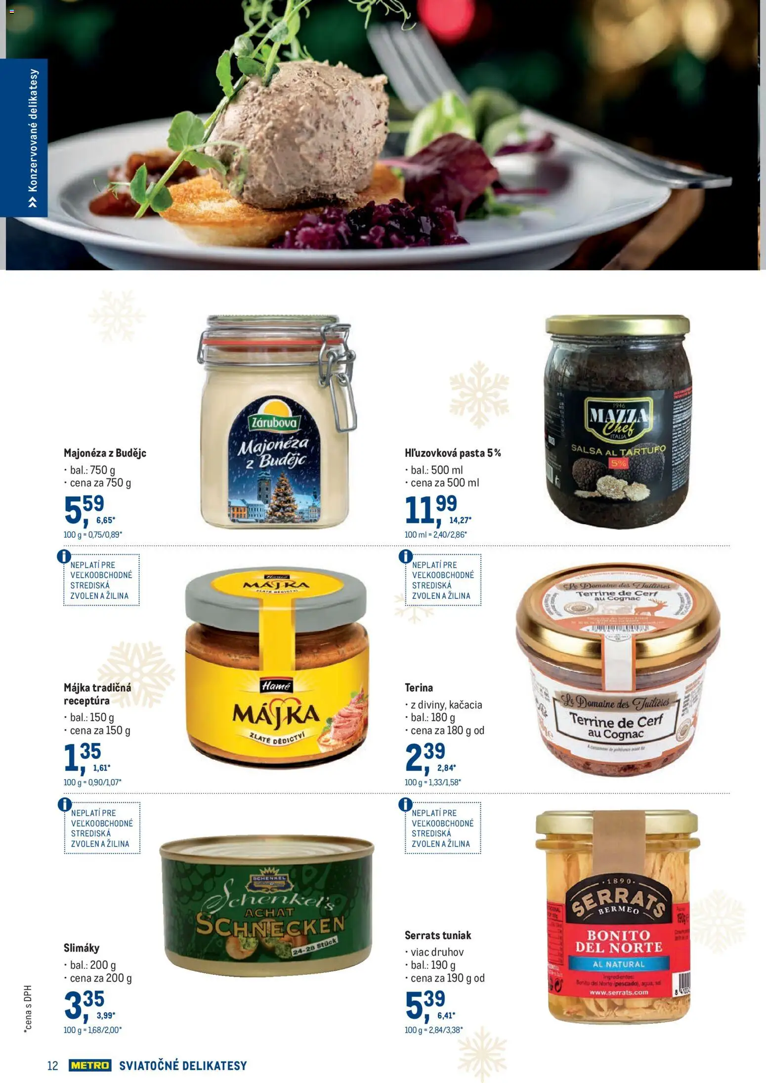Nové Metro akcie – leták je platný od 19.11.2025 | Strana: 12 | Produkty: Tuniak, Slimáky