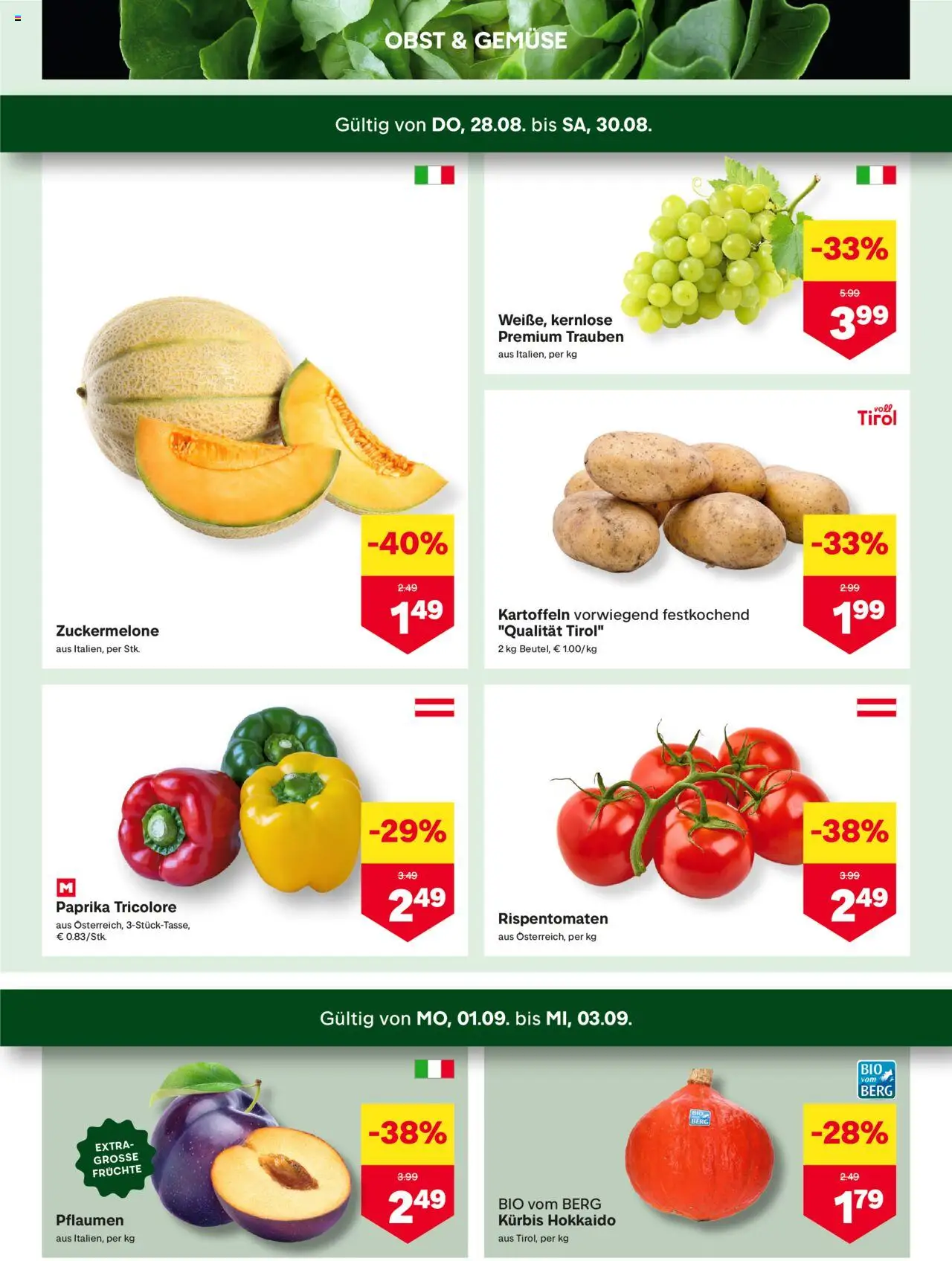 MPREIS Flugblatt gültig ab 28.08.2025 | Seite: 2 | Produkte: Kartoffeln, Gemüse, Obst, Kürbis