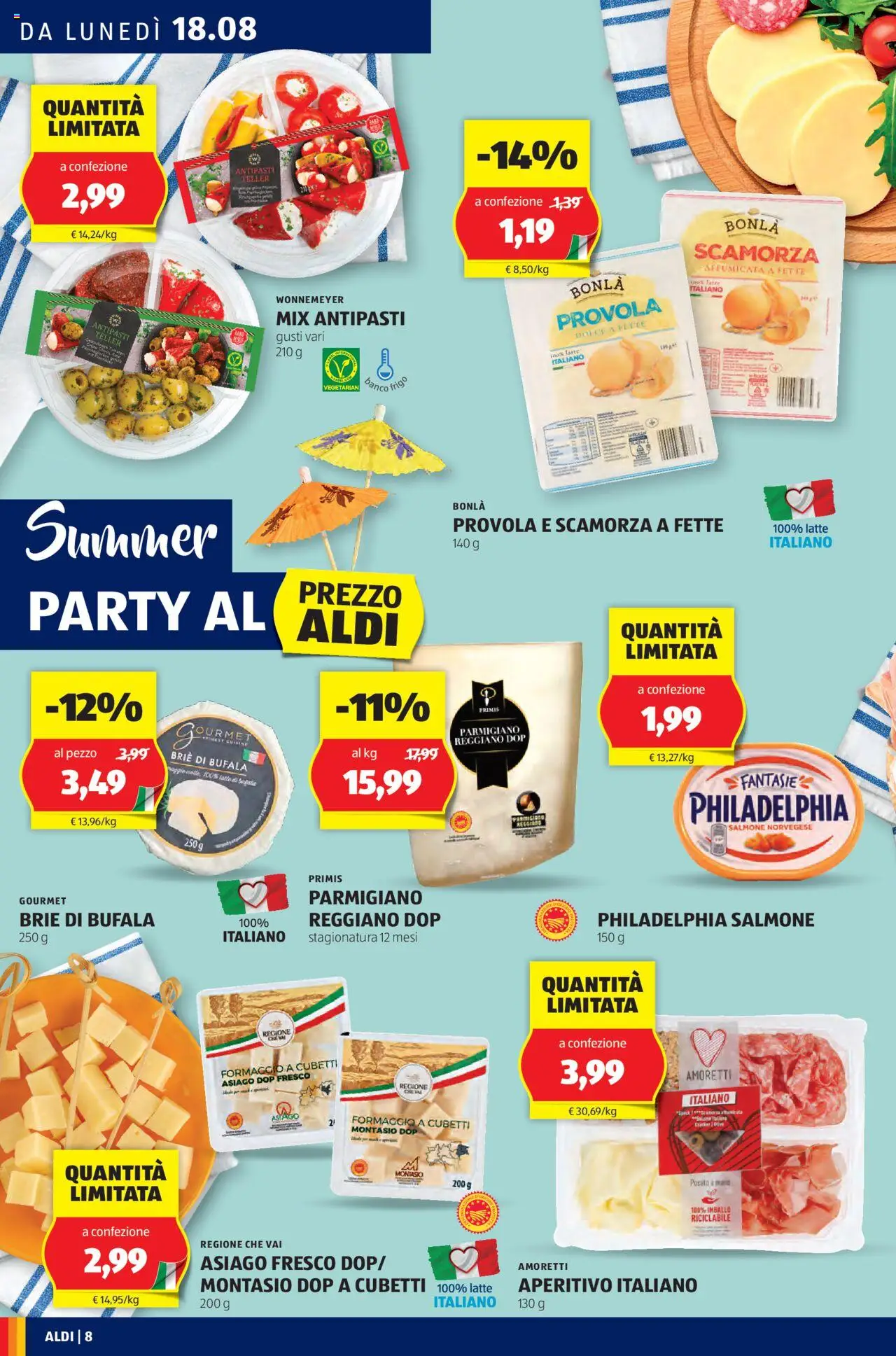 Volantino Aldi del 18.08.2025 | Pagina: 8 | Prodotti: Salmone, Provola, Parmigiano reggiano, Parmigiano