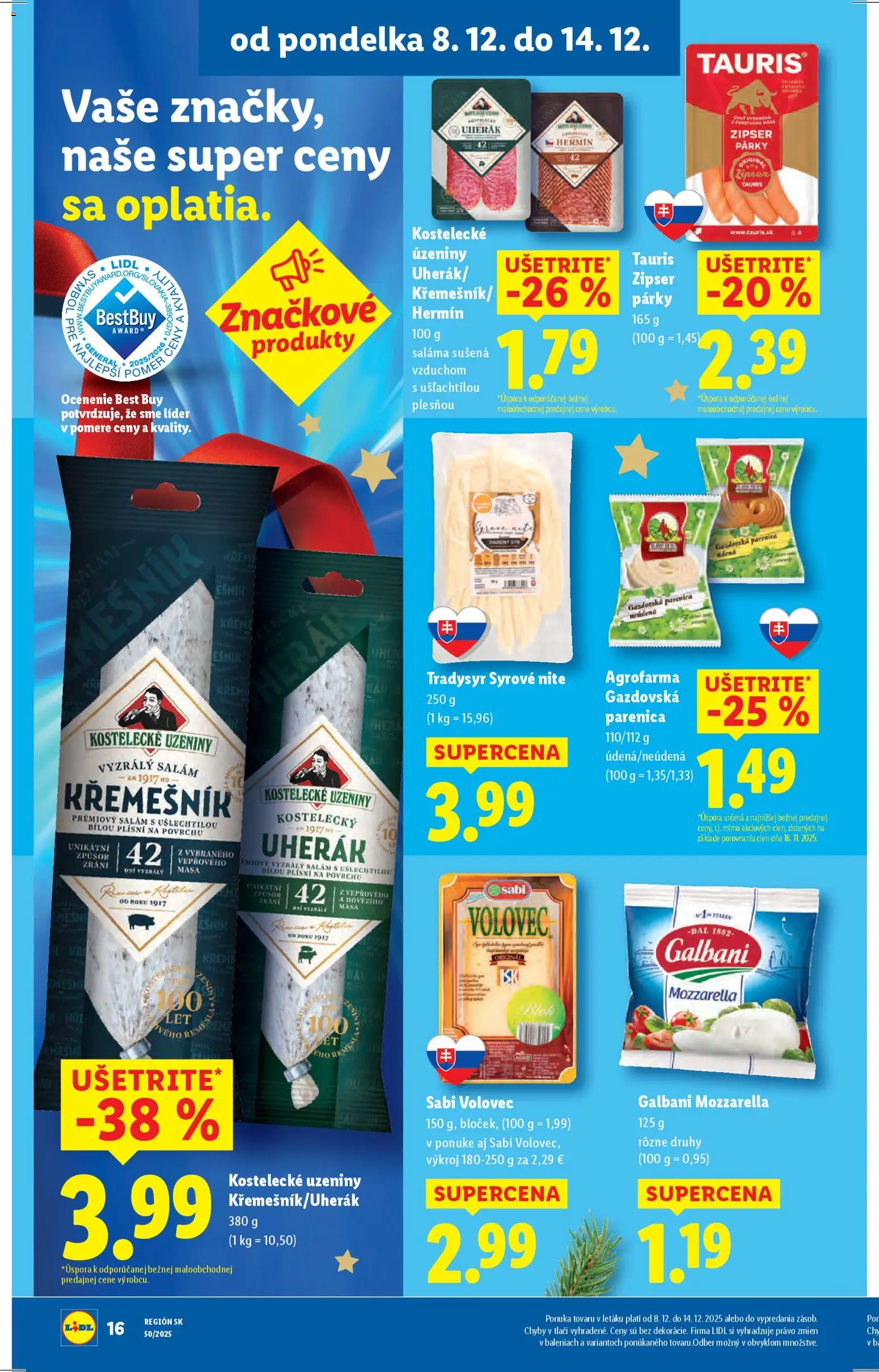 Nové Lidl akcie – leták je platný od 08.12.2025 | Strana: 22 | Produkty: Syr, Saláma, Mozzarella, Párky