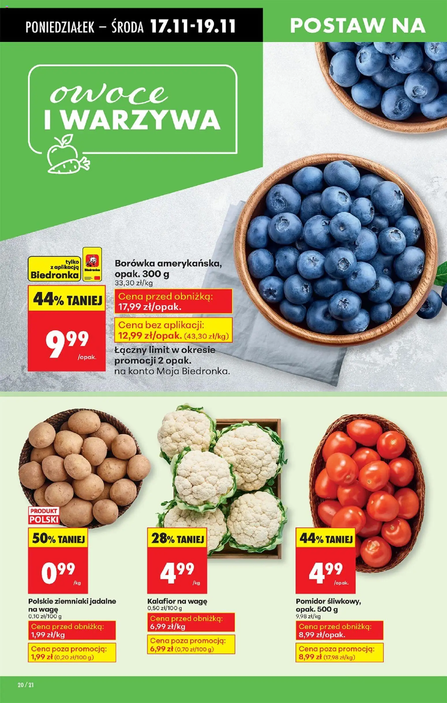 Biedronka gazetka od 17.11.2025 | Strona: 22 | Produkty: Kalafior, Borówka amerykańska, Ziemniaki, Owoce