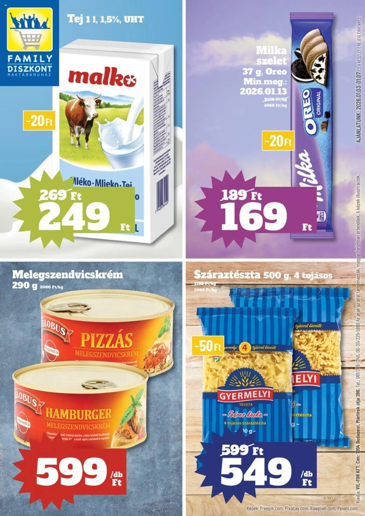 Family Diszkont akciós ujság - amely érvényes a következő dátumtól: 03.01.2026 | Oldal: 1 | Termékek: Melegszendvicskrém, Tej, Tészta, Száraztészta