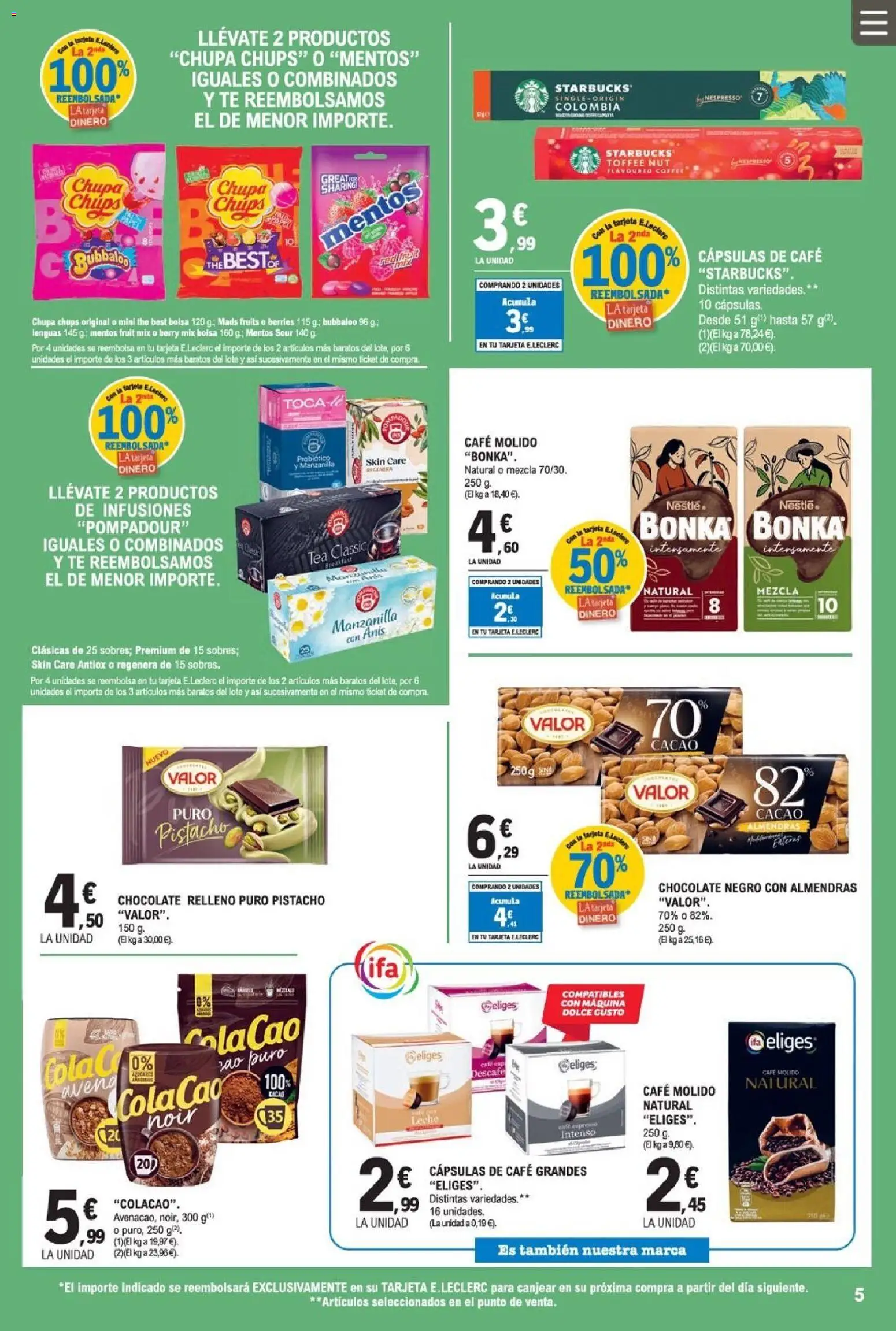 E.Leclerc folleto │ válido desde el 08.04.2026 | Página: 5 | Productos: Leche, Chocolate, Café molido, Té