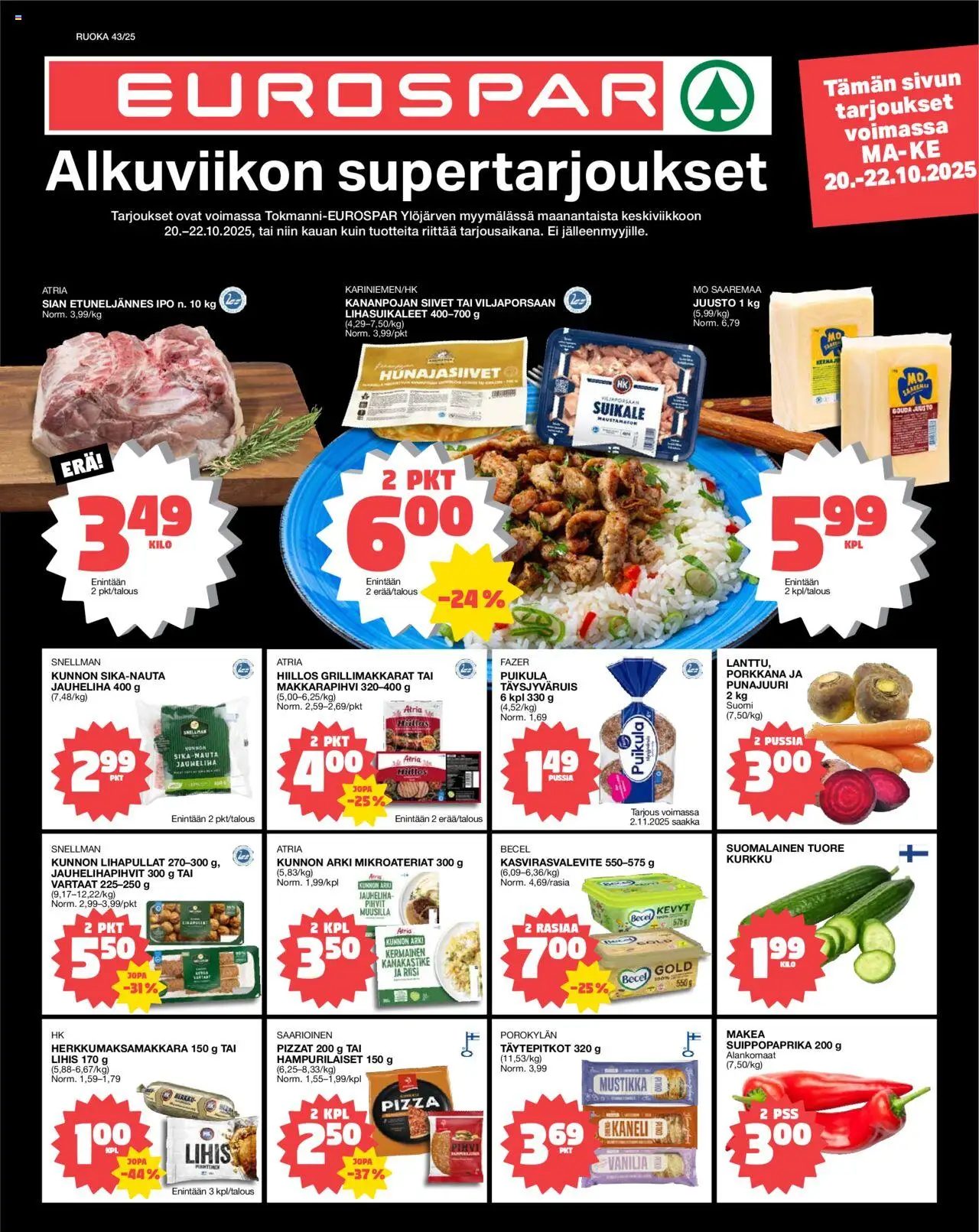 Tokmanni - EUROSPAR Ylöjärvi Ruokasanomat – voimassa 20.10.2025 alkaen | Sivu: 1 | Tuotteet: Jauheliha, Pizza, Kurkku, Punajuuri