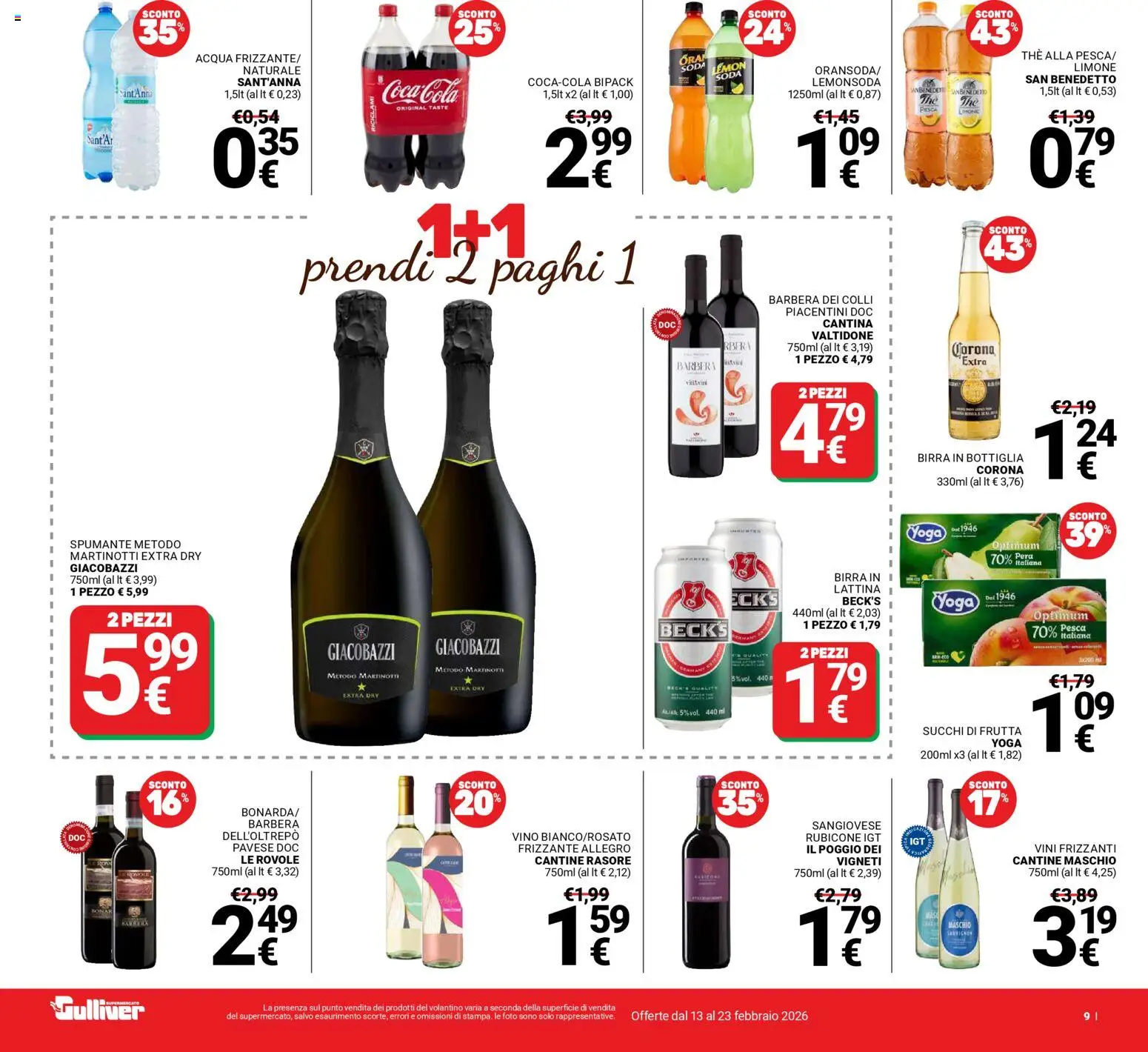 Volantino Gulliver del 13.02.2026 | Pagina: 9 | Prodotti: Birra, Frutta, Vino, Spumante