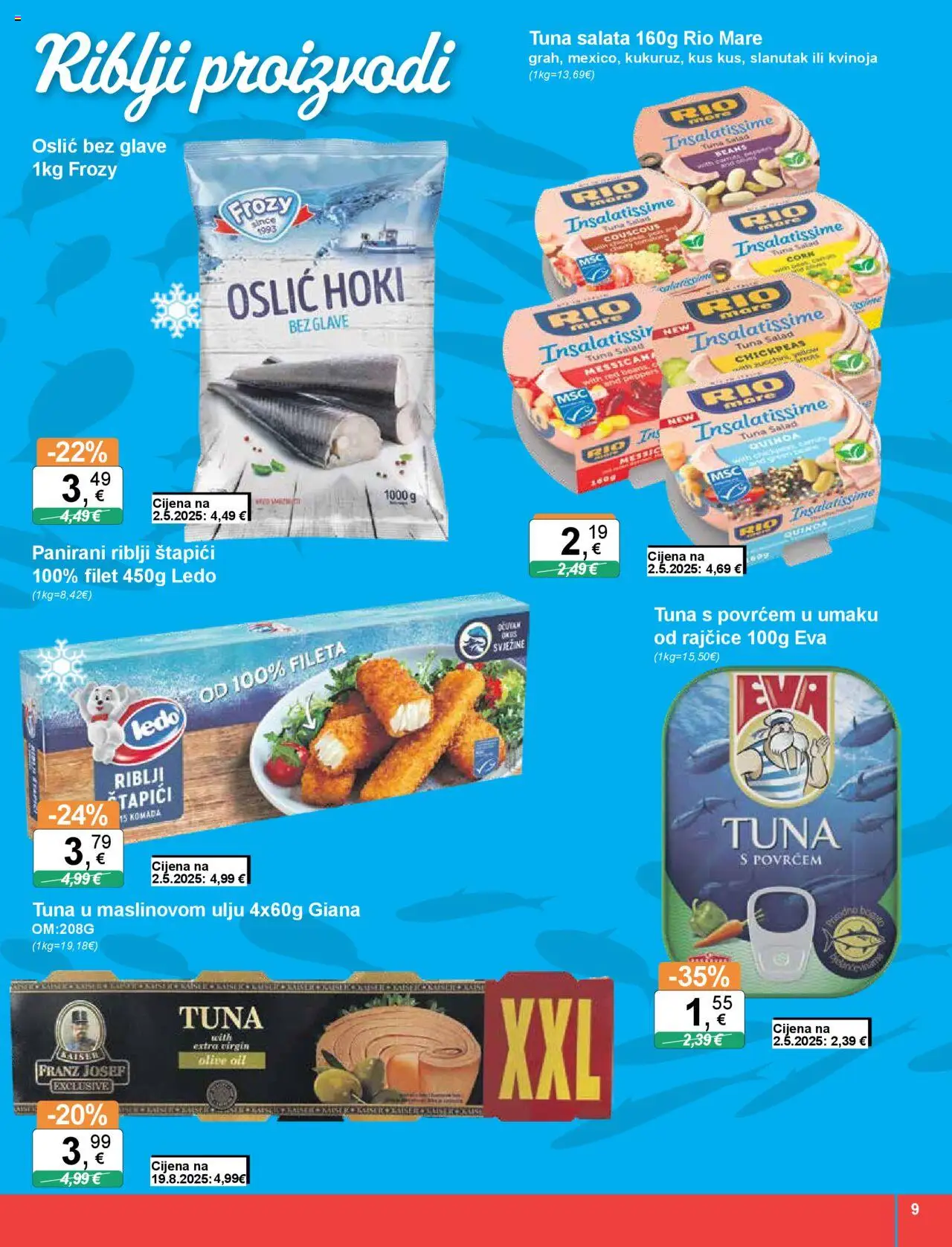 KTC katalog | vrijedi od 04.09.2025 | Stranica: 9 | Proizvodi: Riblji štapići, Štapići, Oslić, Tuna