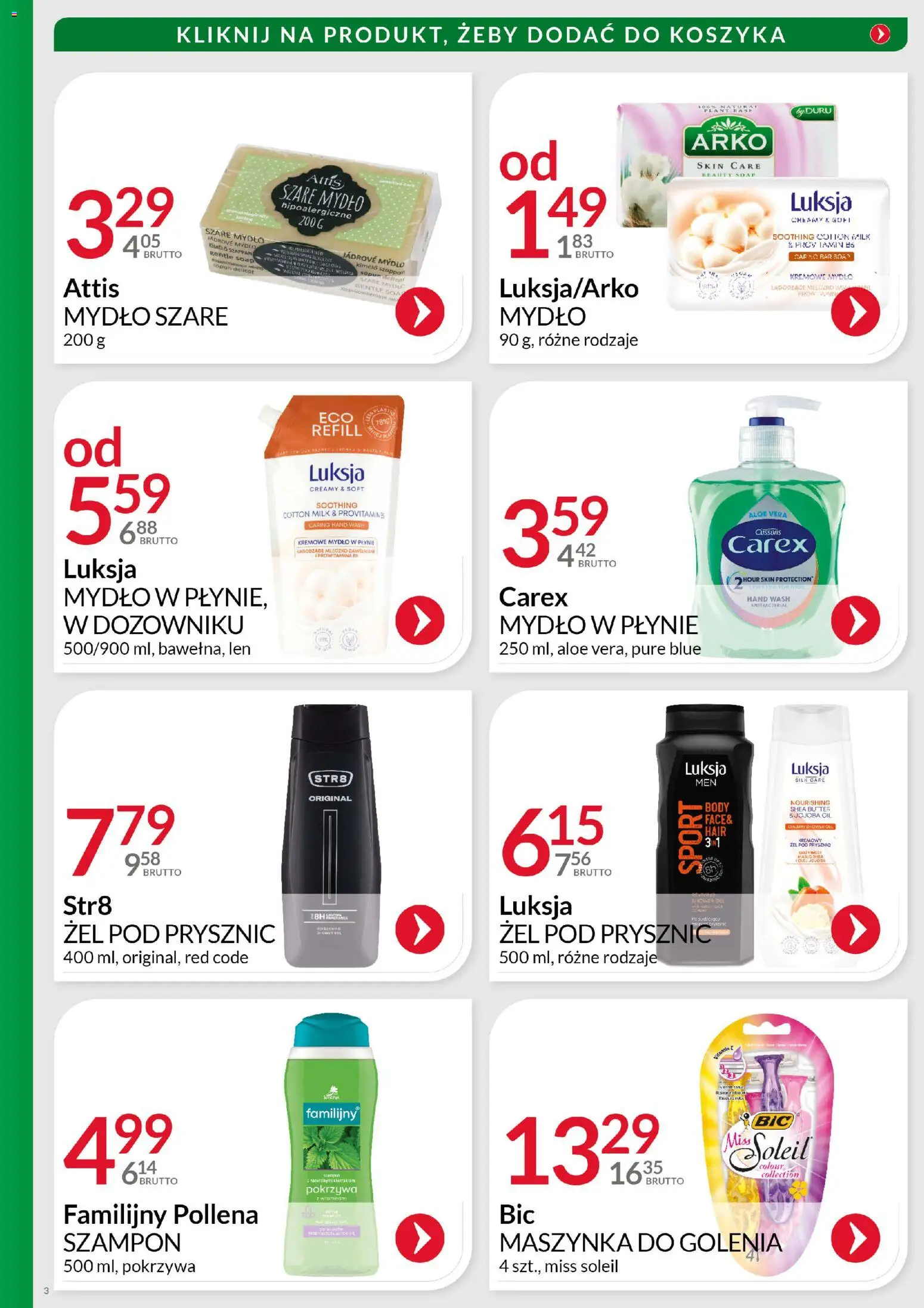 Eurocash Gazetka - Katalog Artykułów Chemicznych od 01.12.2025 | Strona: 3 | Produkty: Mydło w płynie, Maszynka do golenia, Mydło, Żel pod prysznic