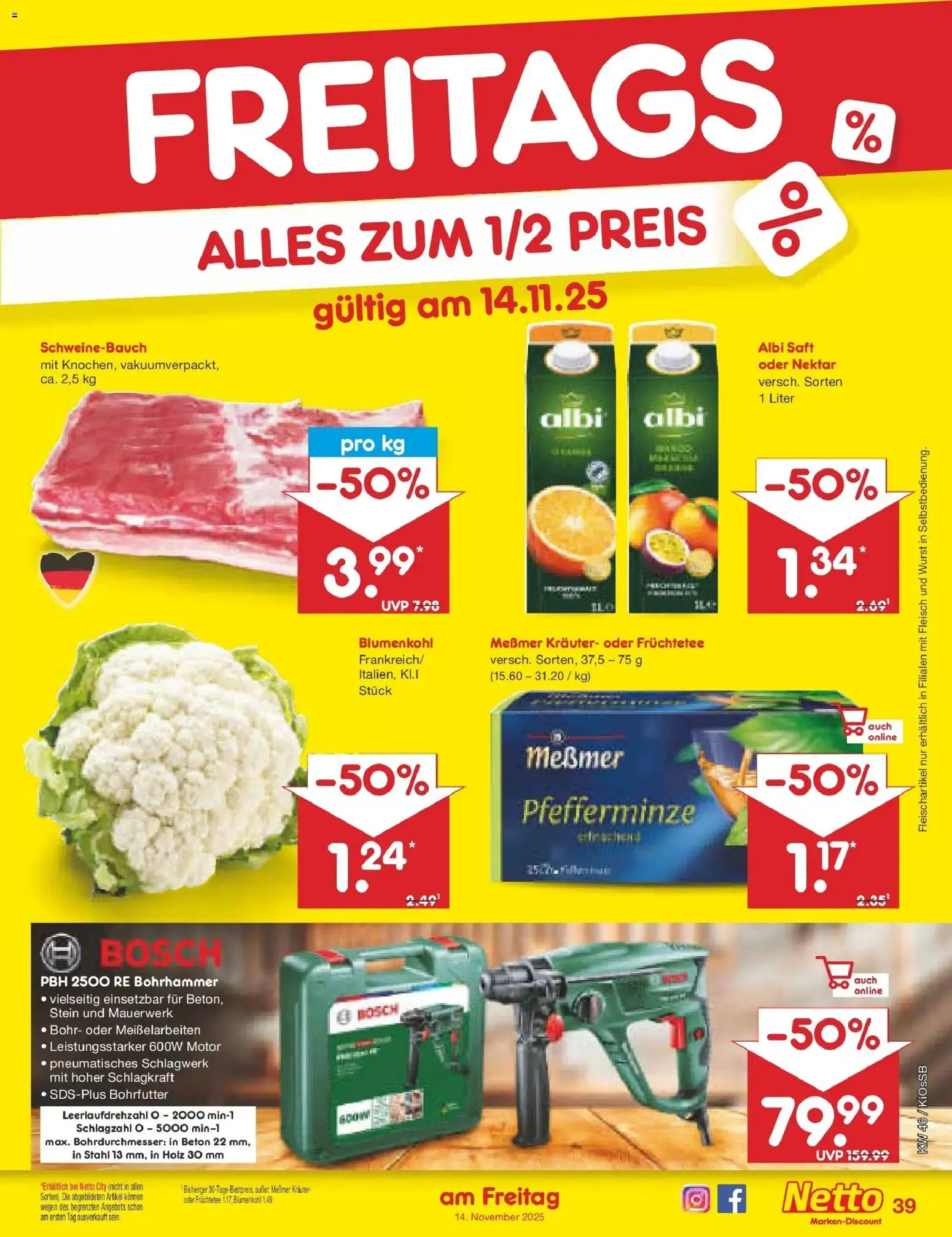 Netto Marken-Discount - Netto: Wochenangebote – gültig ab 10.11.2025 | Seite: 47 | Produkte: Schweinebauch, Wurst, Blumenkohl, Saft