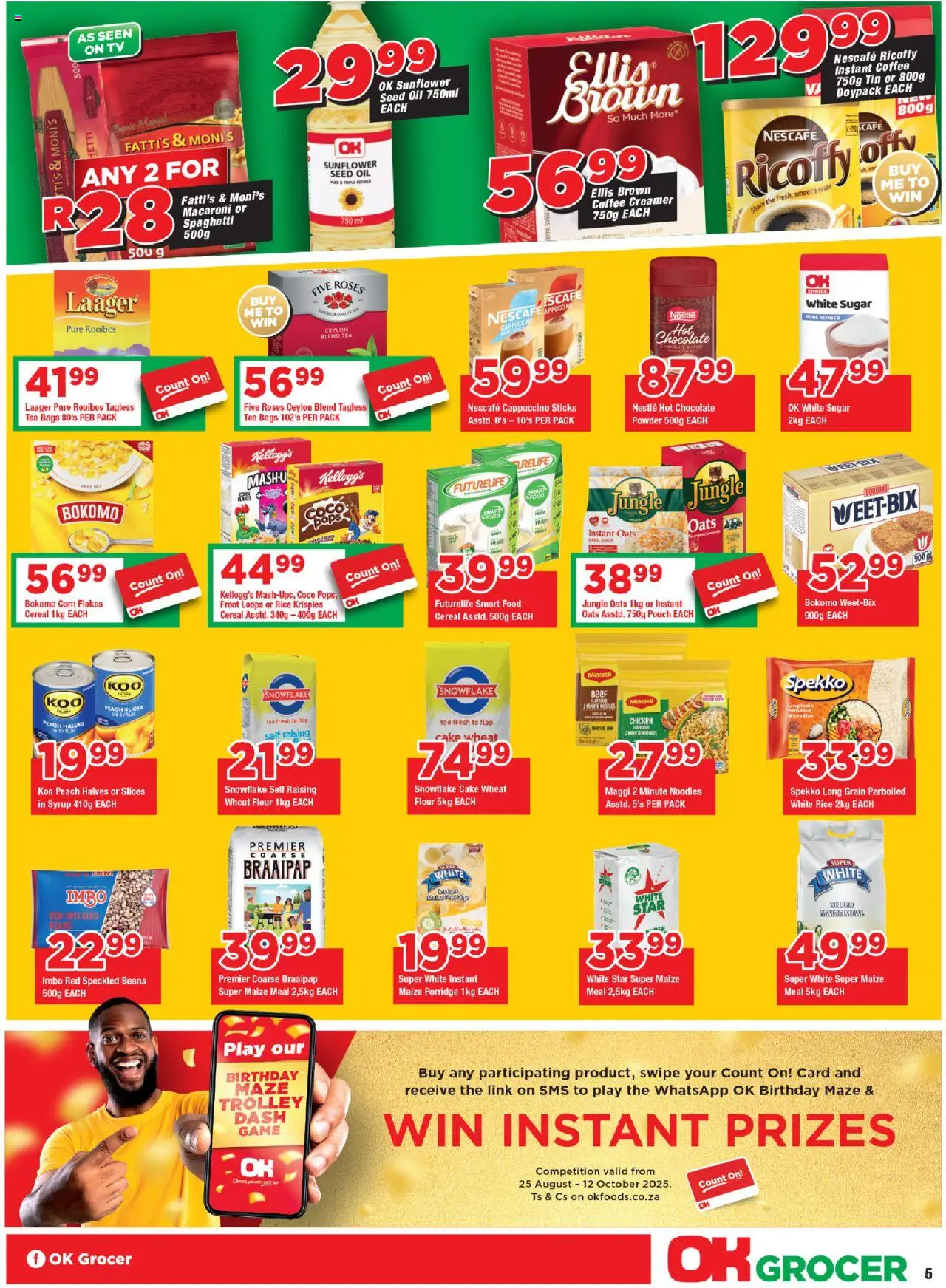 New OK Foods catalogue – valid from 24.09.2025 | Page: 5 | Products: Maize meal, Oats, Coffee, Tea