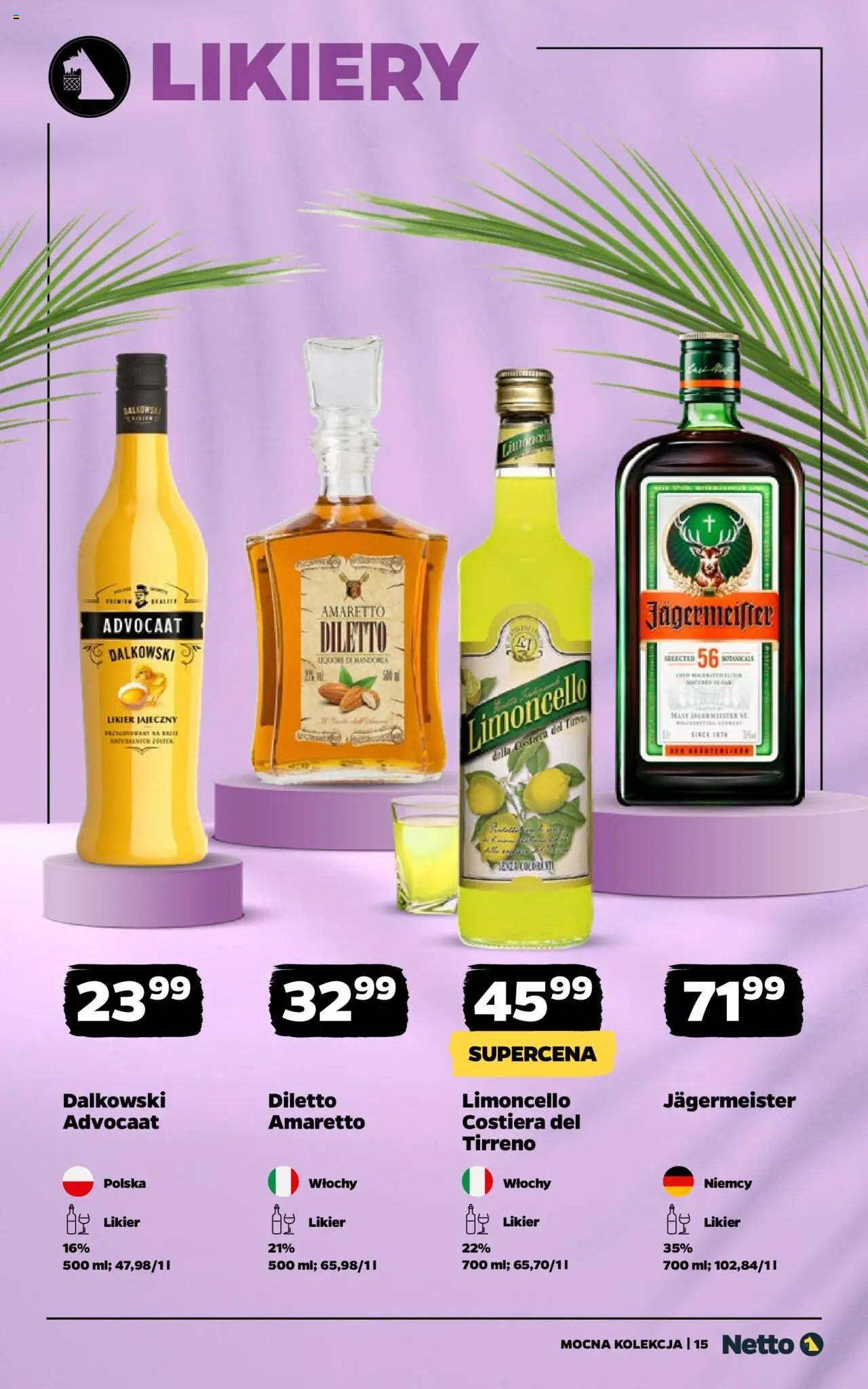 Netto gazetka - Mocna Kolekcja od 18.08.2025 | Strona: 15 | Produkty: Likier jajeczny, Jagermeister, Limoncello, Amaretto