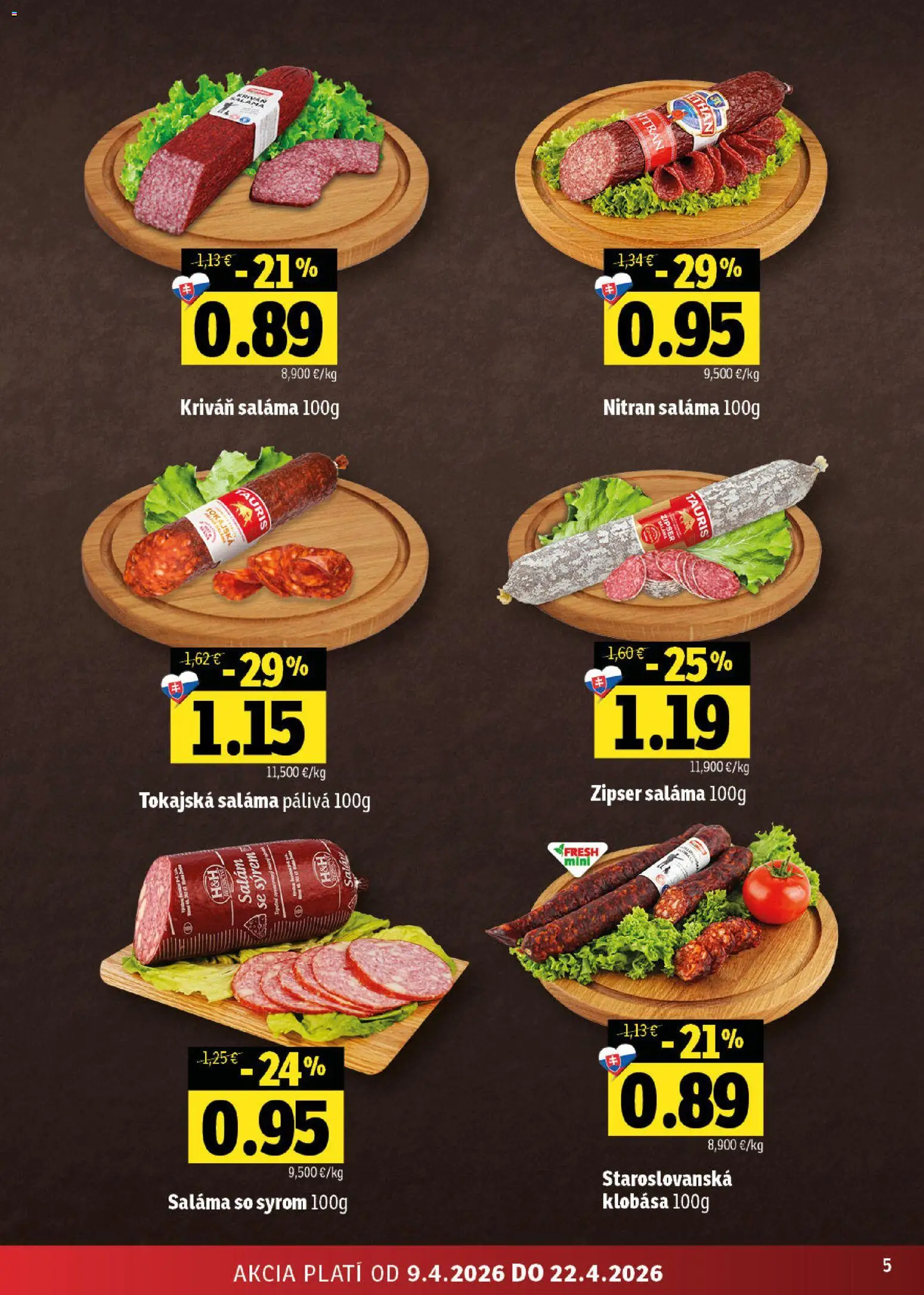 Nové Fresh akcie – leták je platný od 09.04.2026 | Strana: 5 | Produkty: Saláma, Klobása, Šalát