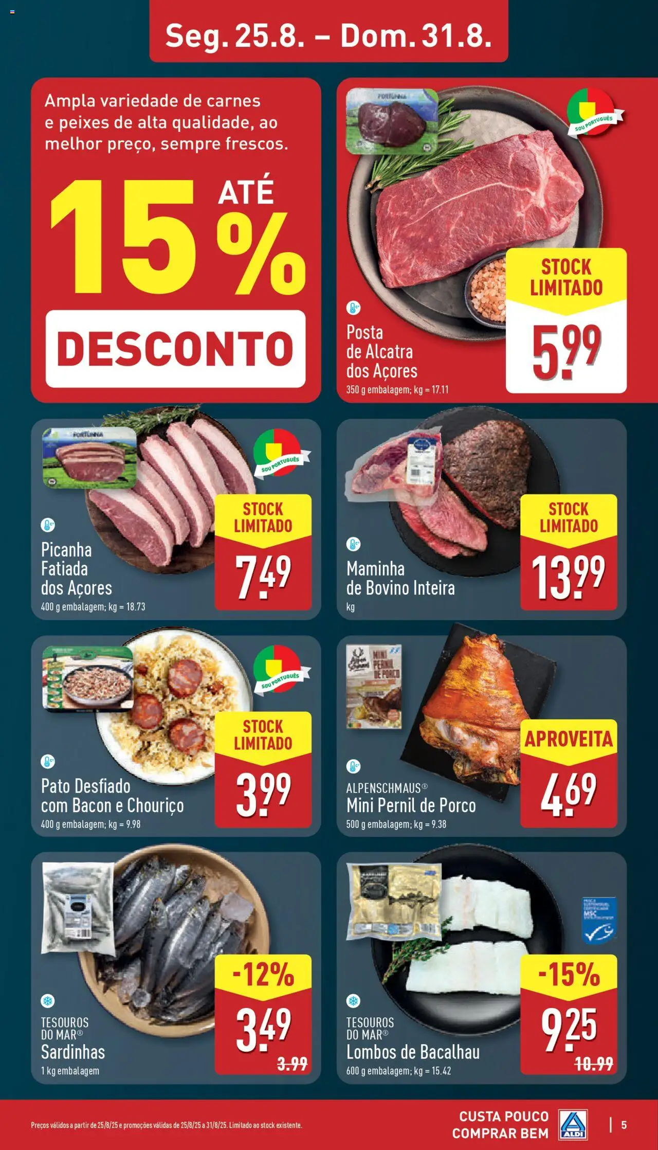 Aldi folheto │ válido de 25.08.2025 | Página: 5 | Produtos: Bacalhau, Bacon, Pernil, Sardinhas