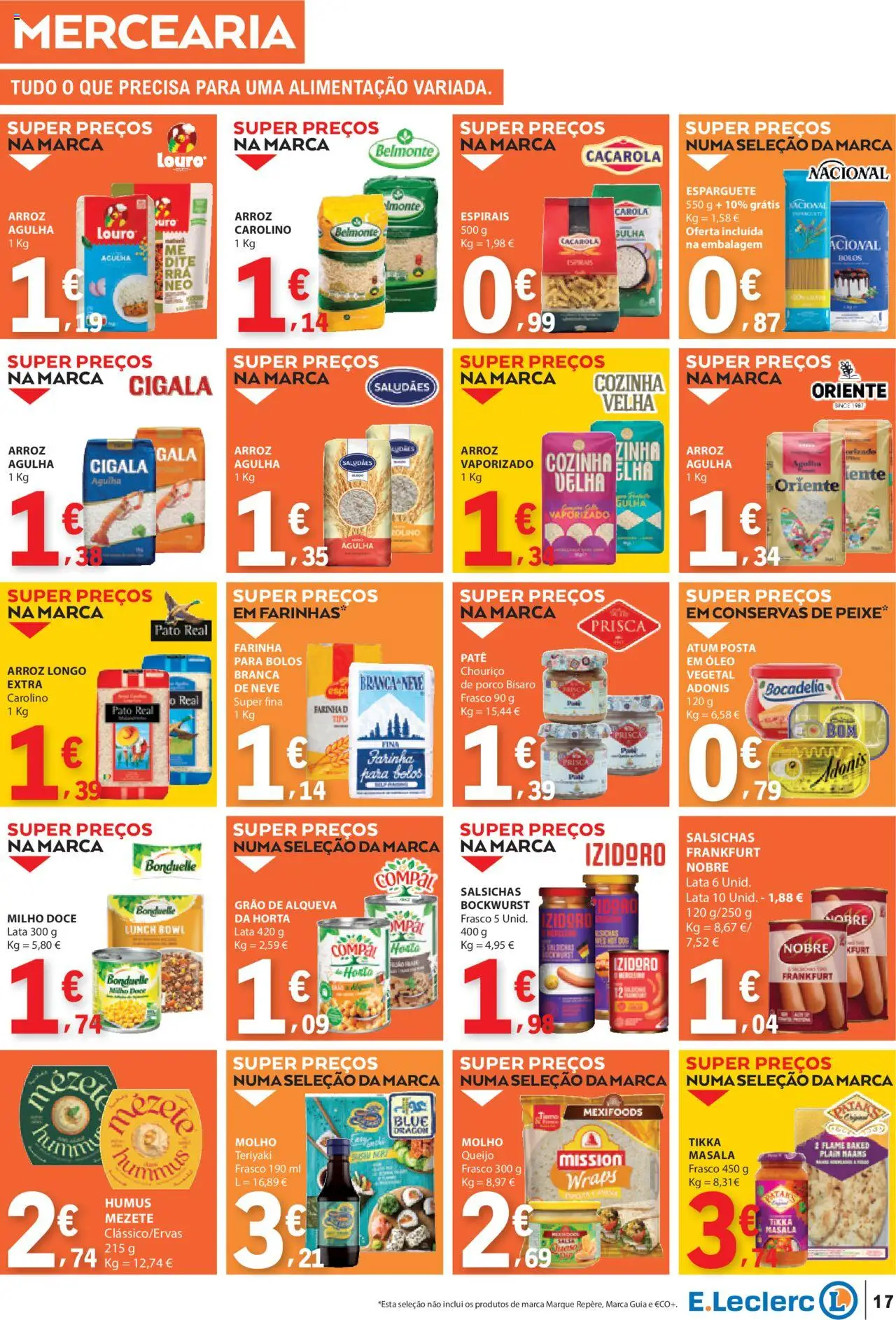 E.Leclerc folheto │ válido de 14.08.2025 | Página: 17 | Produtos: Atum, Queijo, Chouriço, Arroz