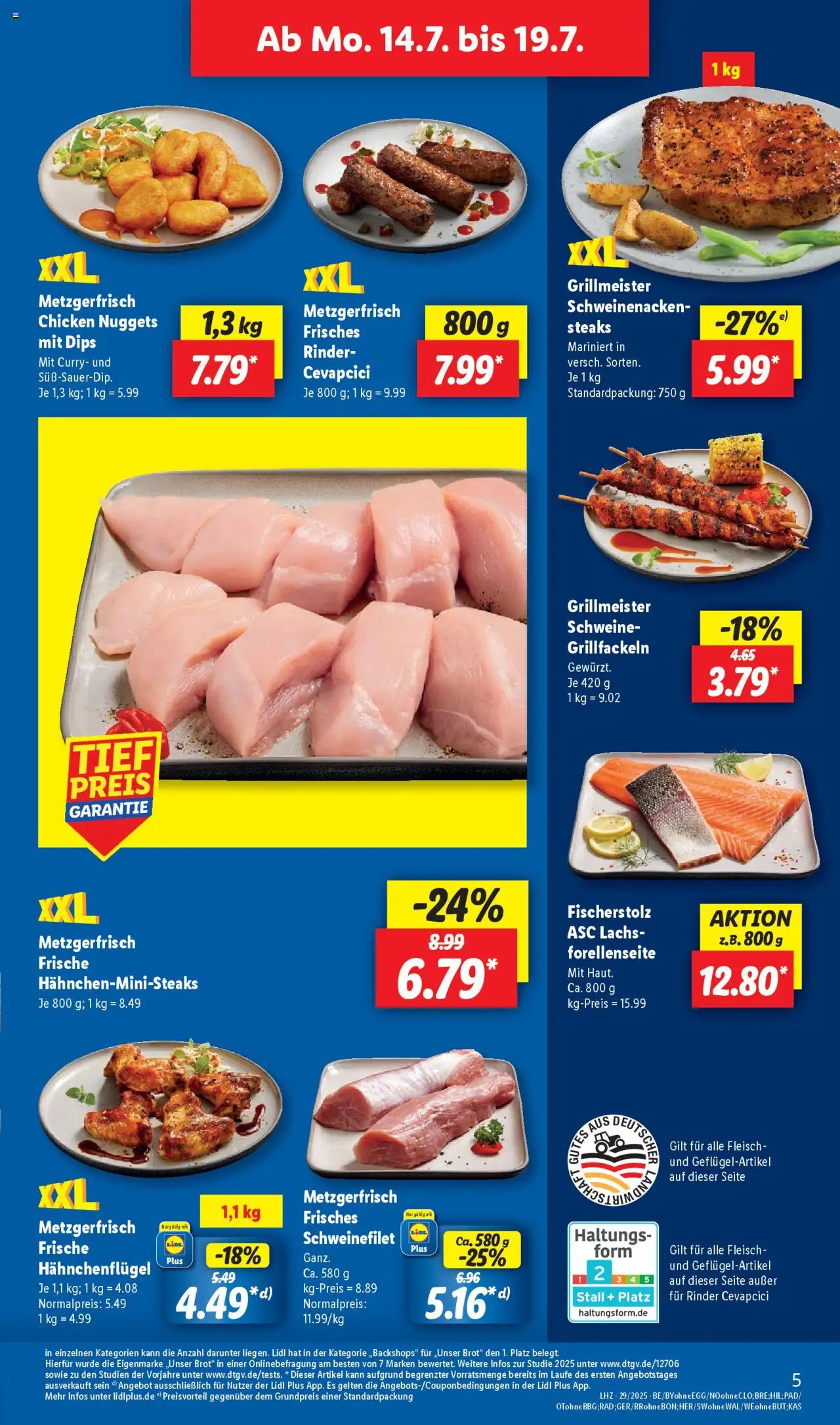 Lidl Prospekt Heppenheim - gültig ab dem 14.07.2025 | Seite: 5 | Produkte: Schweinefilet, Lachs, Brot, Fleisch