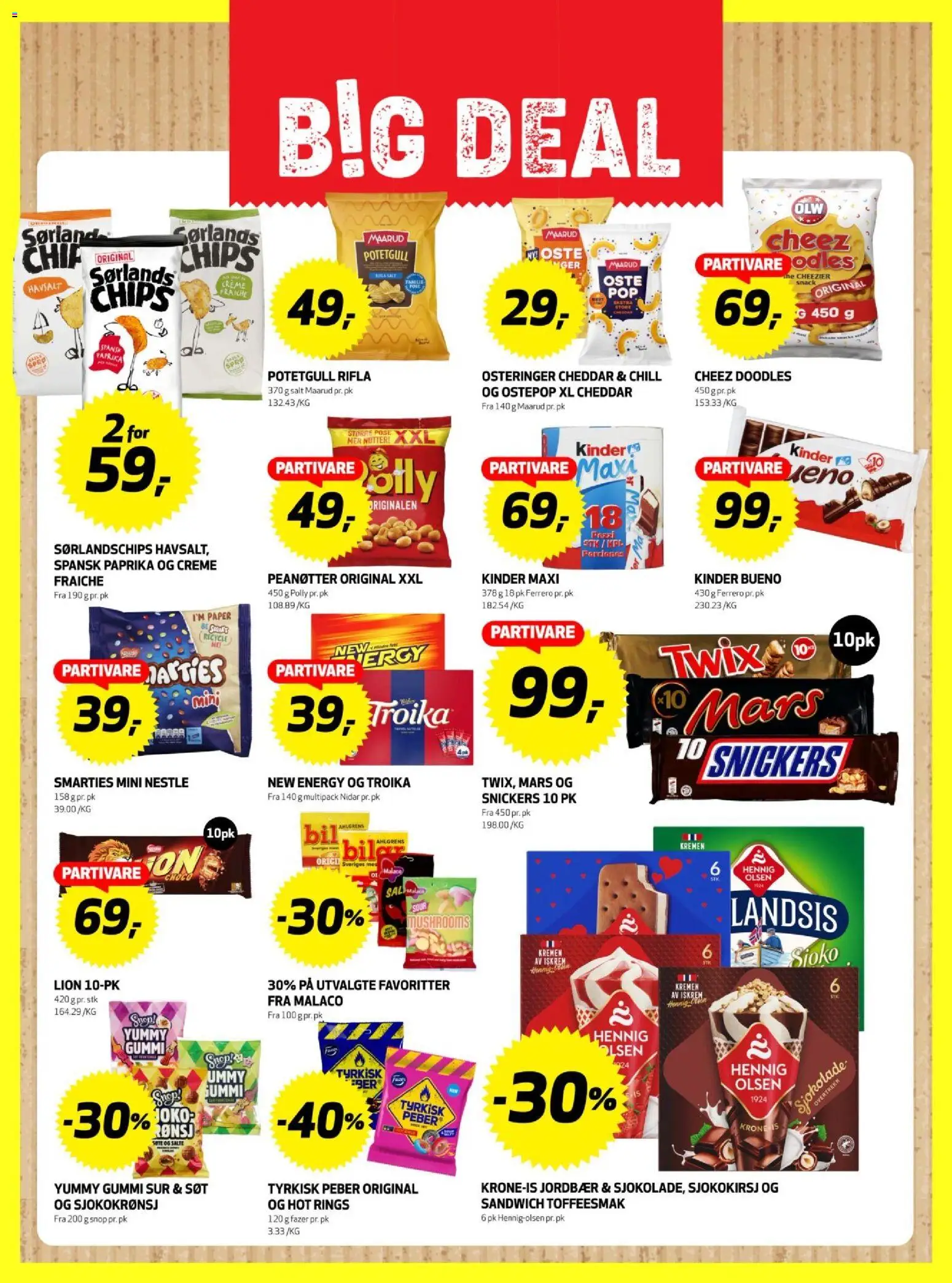 {H1} | Side: 15 | Produkter: Sjokolade, Potetgull, Cheddar, Peanøtter