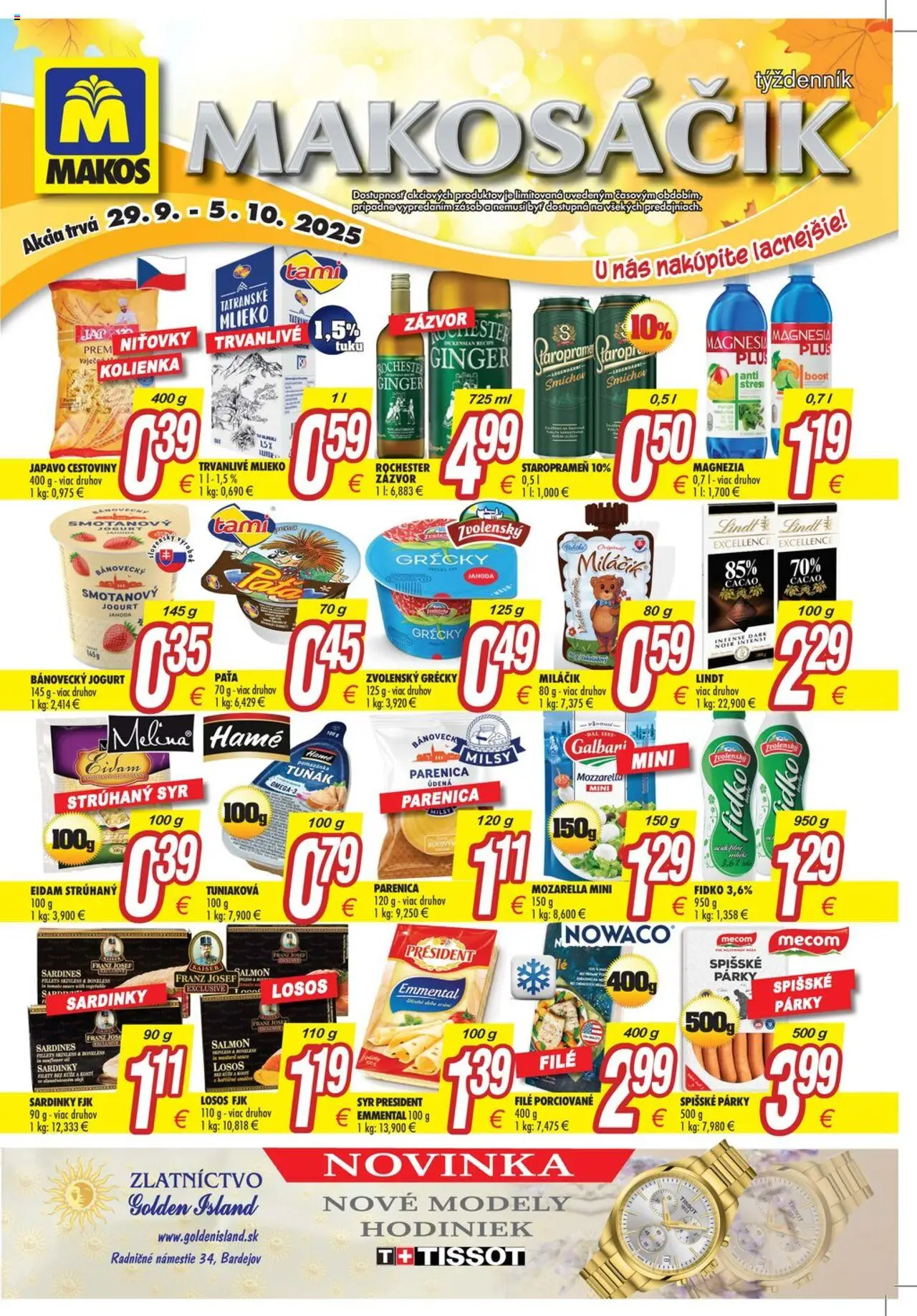 Nové Makos akcie – leták je platný od 29.09.2025 | Strana: 2 | Produkty: Mlieko, Syr, Magnesia, Párky