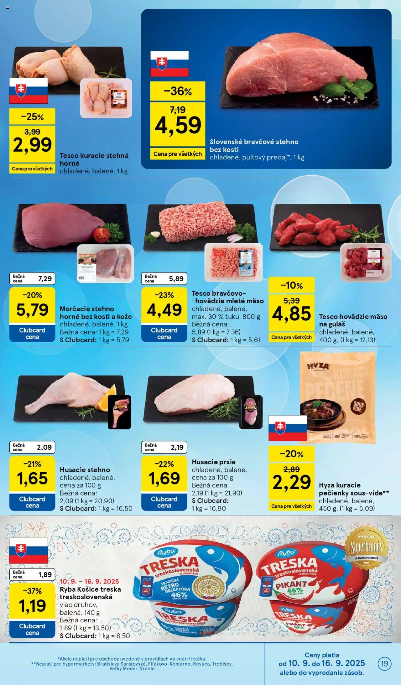 Nové Tesco akcie – leták je platný od 10.09.2025 | Strana: 19 | Produkty: Hovädzie mäso, Bravčové stehno, Mleté mäso, Treska