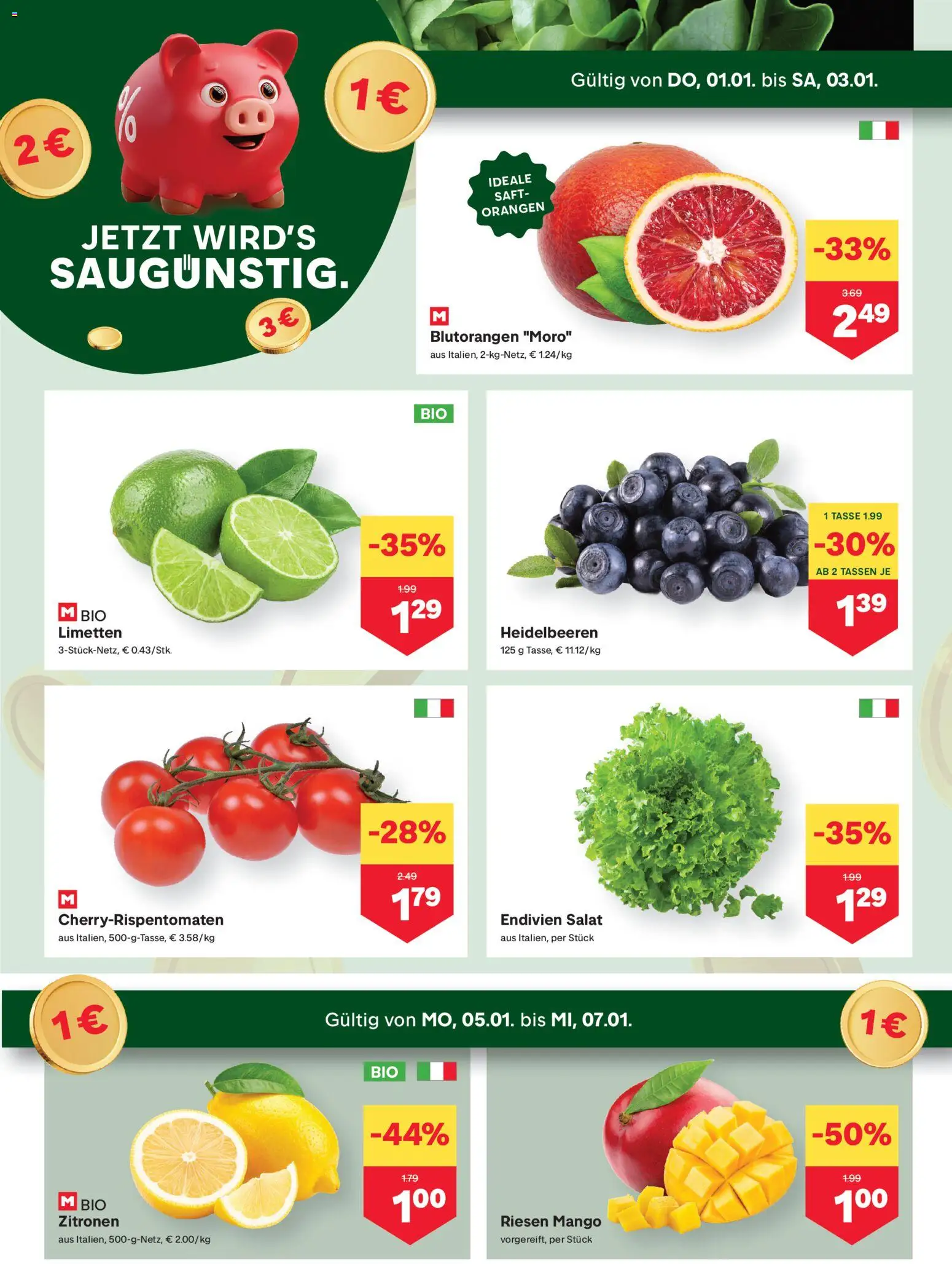 MPREIS Flugblatt gültig ab 01.01.2026 | Seite: 2 | Produkte: Salat, Mango, Saft, Orangen
