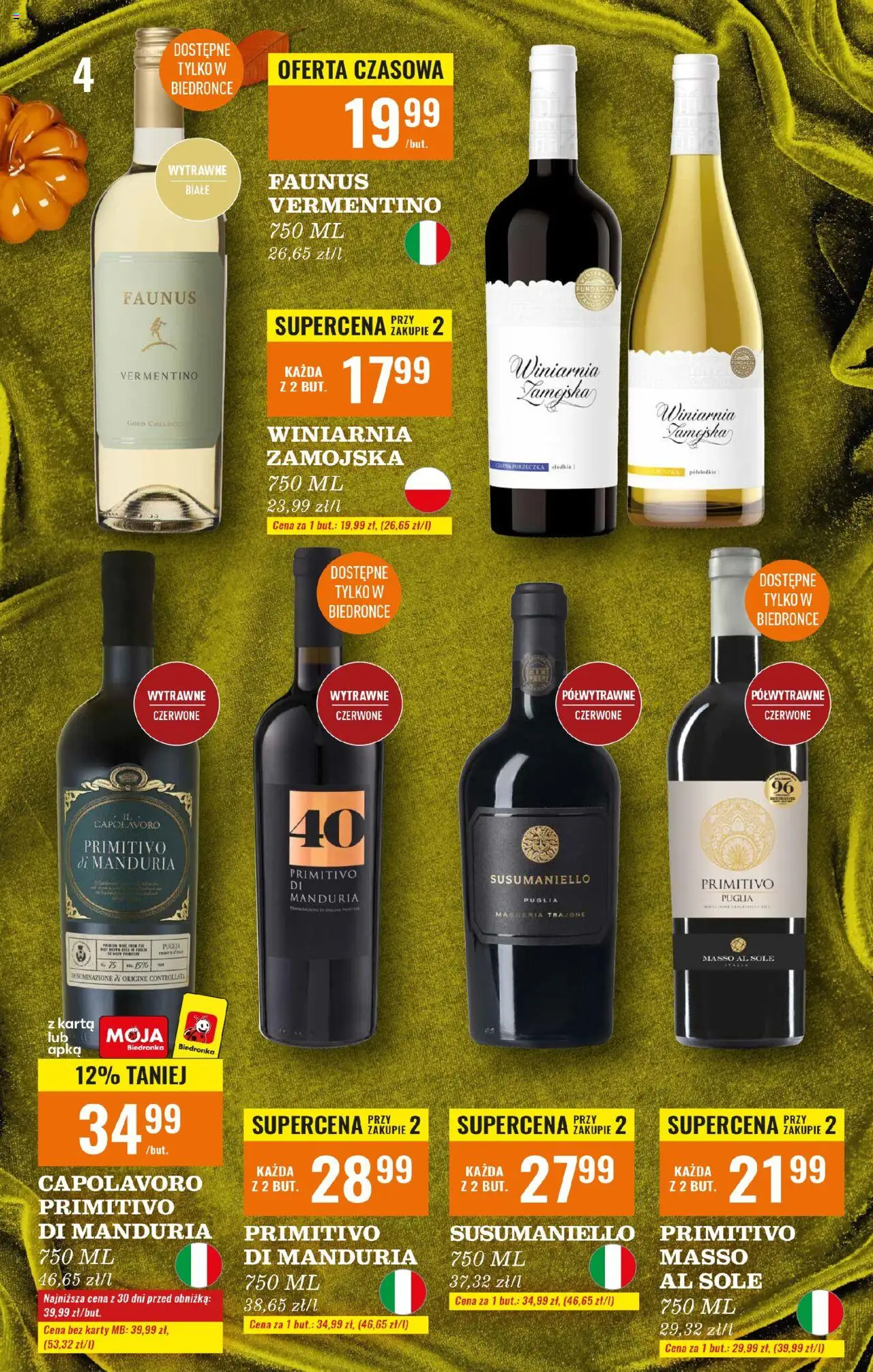 Biedronka gazetka - Czas na toast od 20.10.2025 | Strona: 4 | Produkty: Karta, Primitivo Di Manduria, Winiarnia, Winiarnia Zamojska