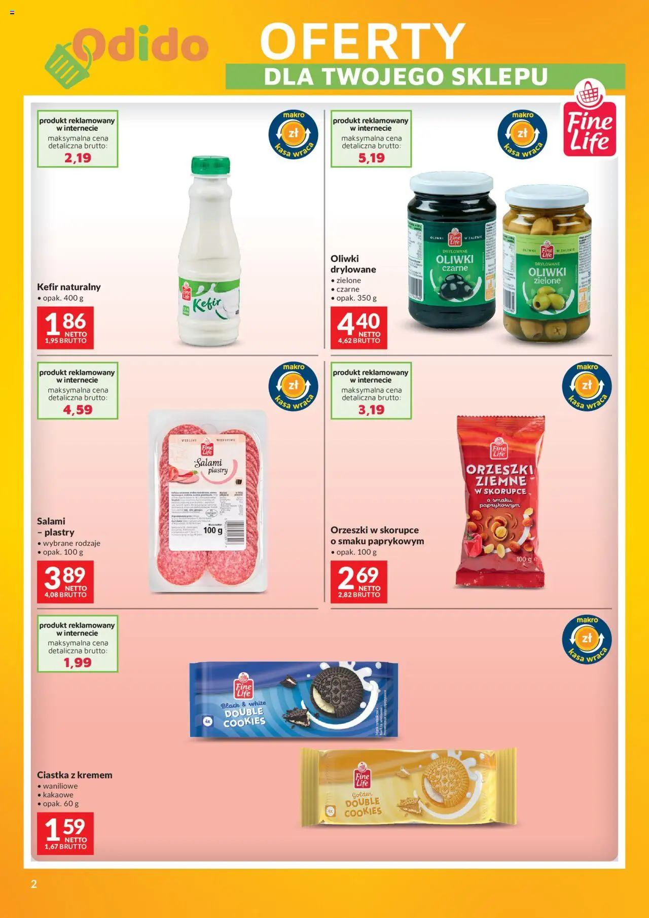 Makro Gazetka - Odido Oferty dla Twojego sklepu od 14.08.2025 | Strona: 2 | Produkty: Orzeszki w skorupce, Kefir naturalny, Salami, Ciastka
