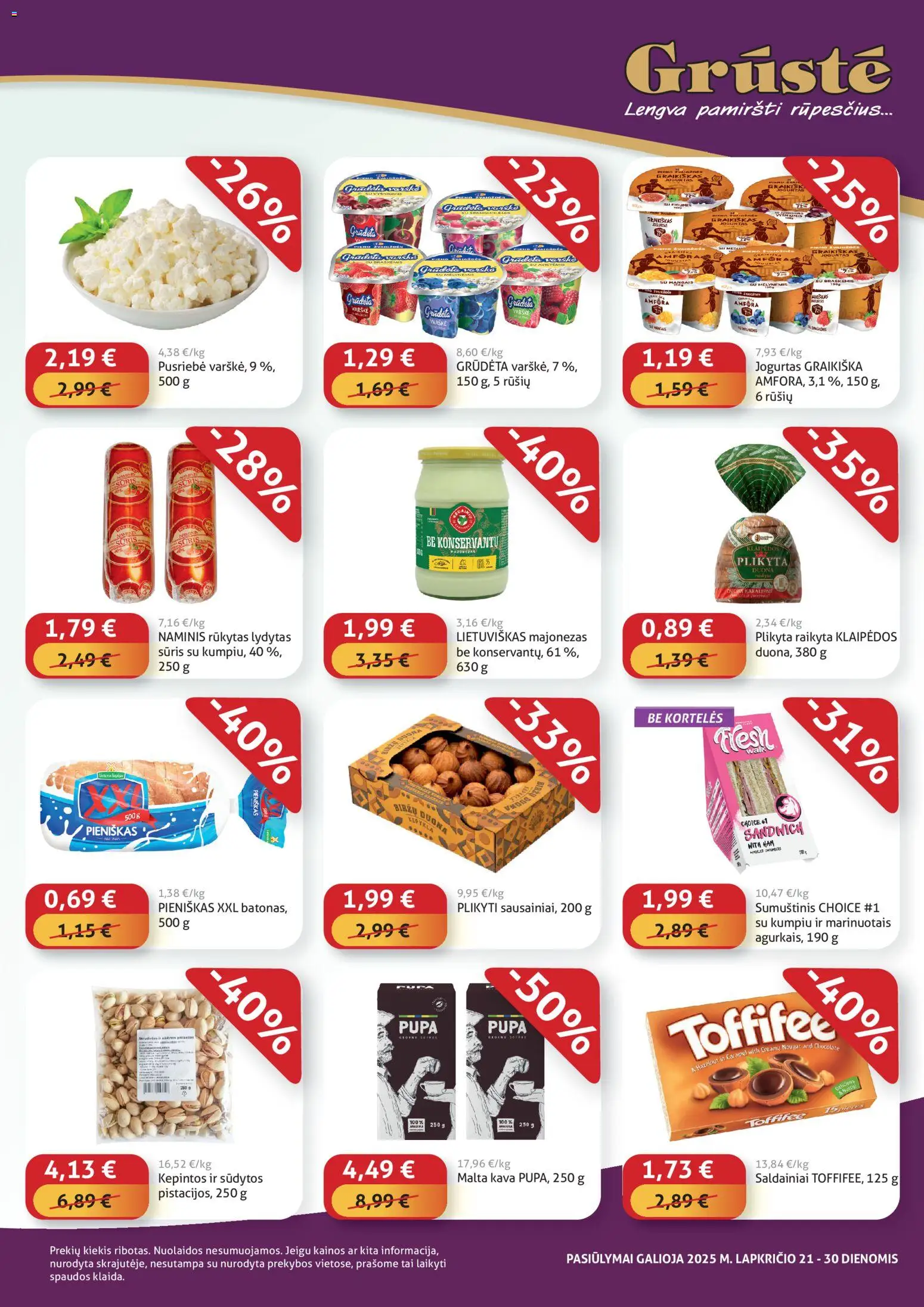 GRUSTE akcijos nuo 21.11.2025 | Puslapis: 3 | Prekių: Sūris, Duona, Varškė, Majonezas