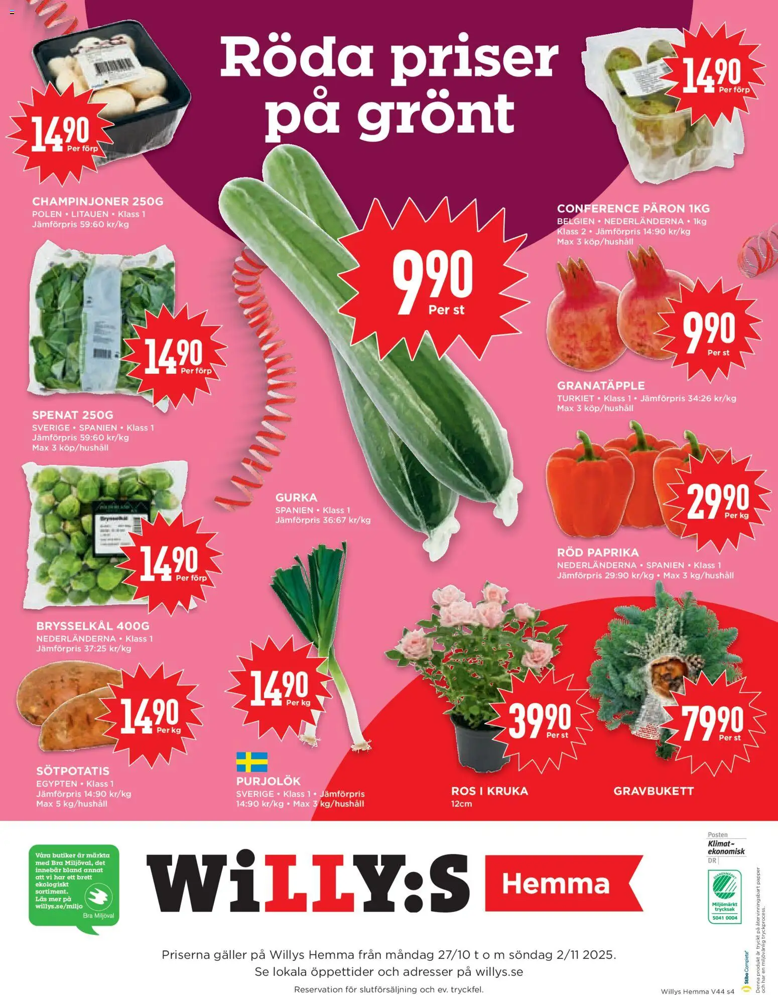 Willys reklamblad aktuell från 27.10.2025 | Sida: 4 | Produkter: Galler, Spenat, Gurka, Röd paprika
