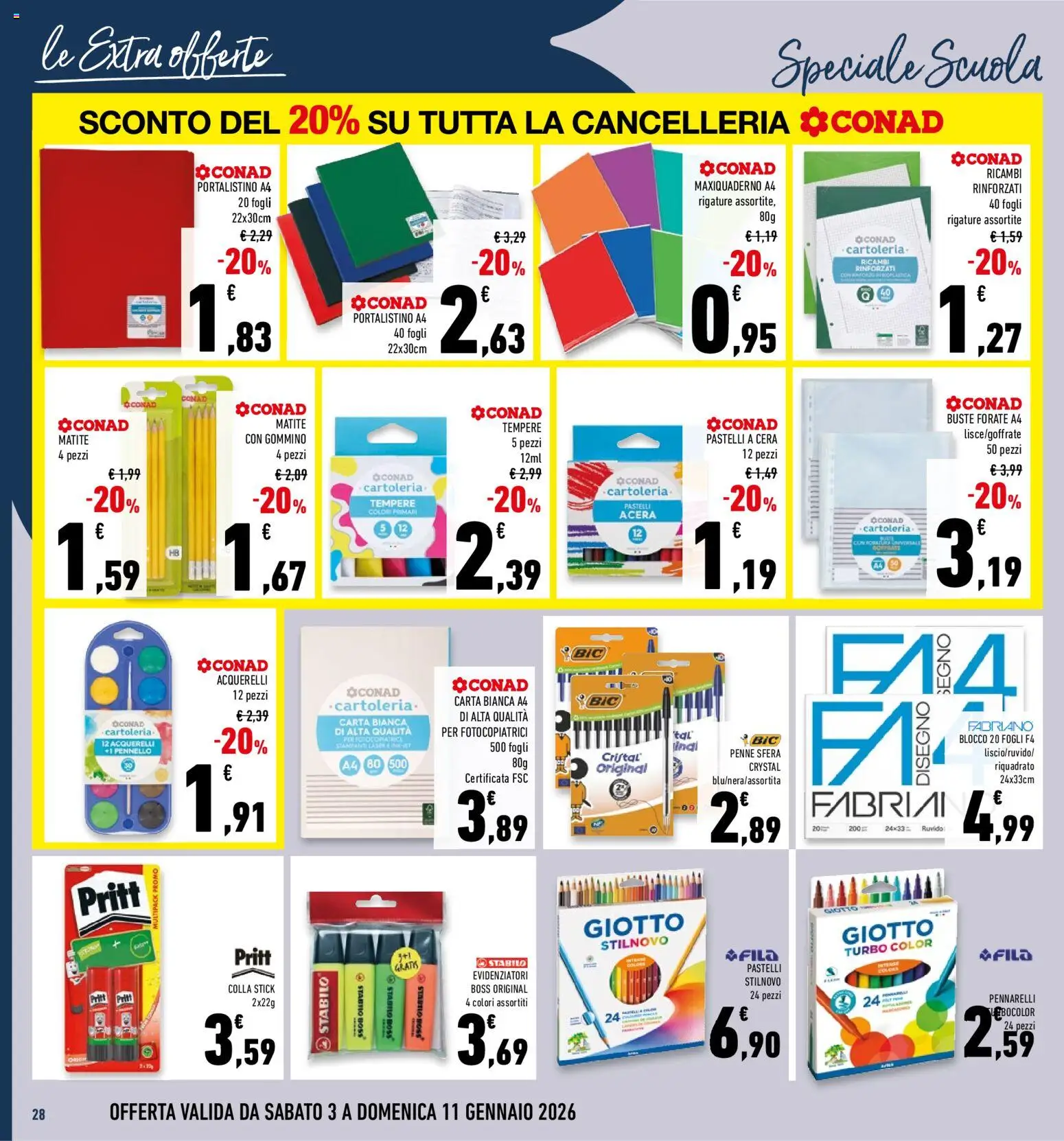 Volantino Conad del 03.01.2026 | Pagina: 28 | Prodotti: Pastelli a cera, Pennello, Pastelli, Penne