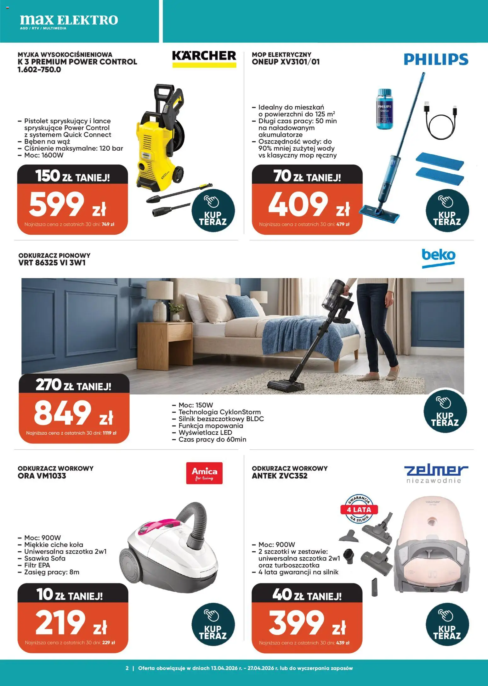 Max elektro gazetka od 13.04.2026 | Strona: 2 | Produkty: Odkurzacz, Sofa, Odkurzacz pionowy, Szczotka