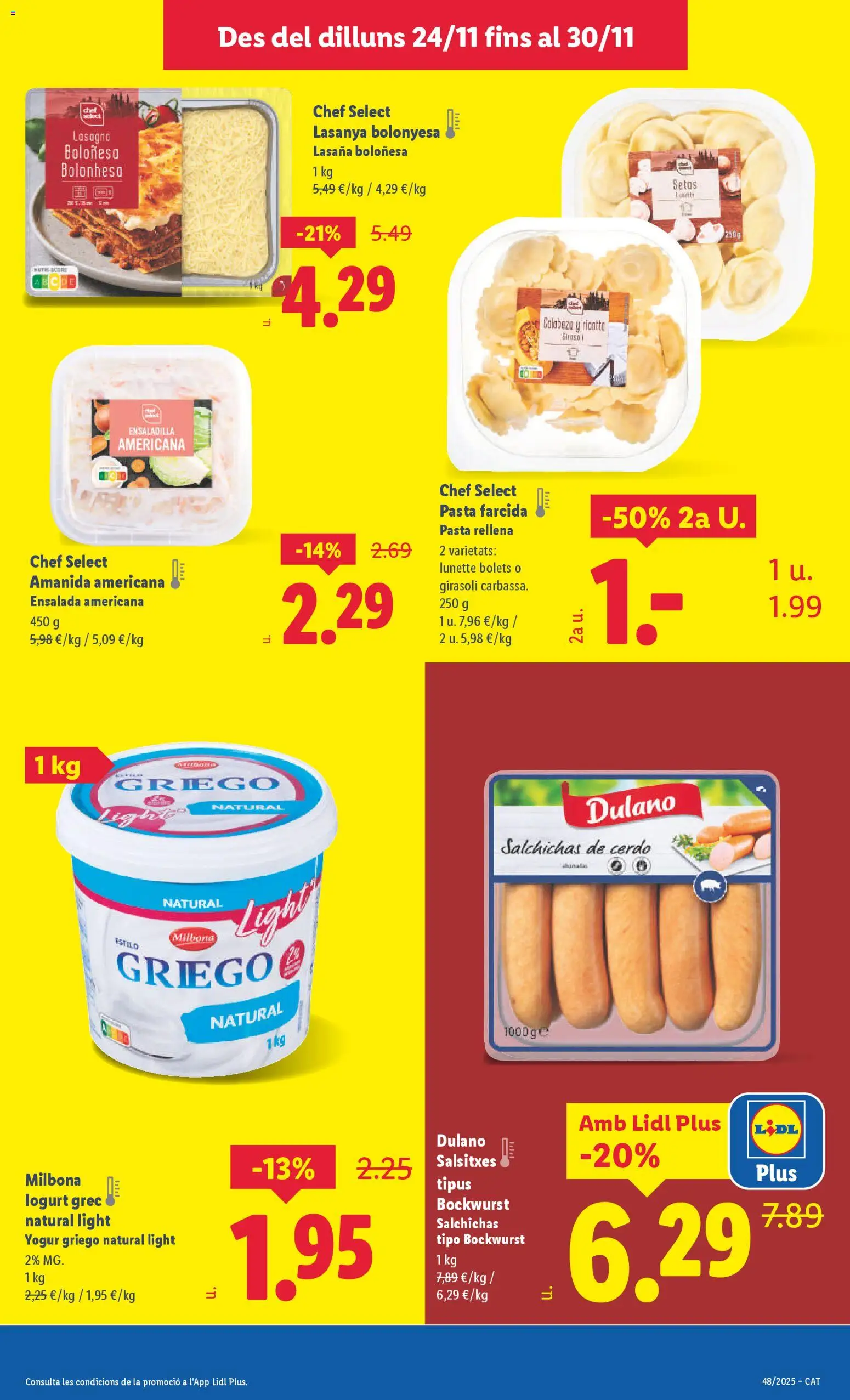 Lidl folleto │ válido desde el 24.11.2025 | Página: 7 | Productos: Yogur, Pasta, Ensalada, Lasaña